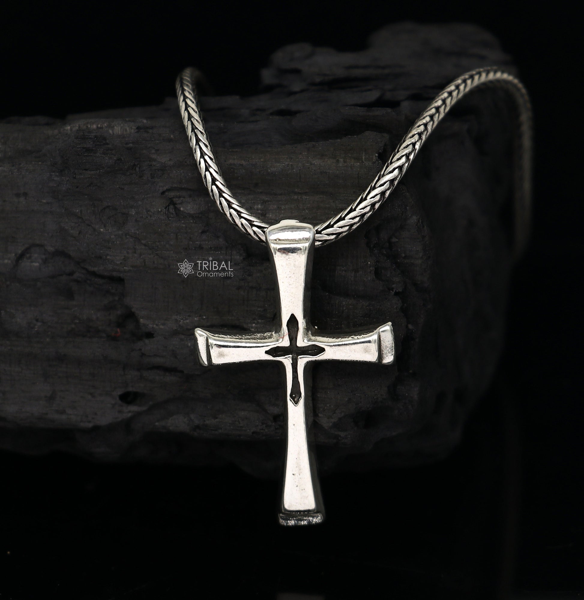 Rnivida 925 Sterling Silver Cross Pendant Necklace with Stainless Steel Wheat Chain for Men - Choice of Lengths