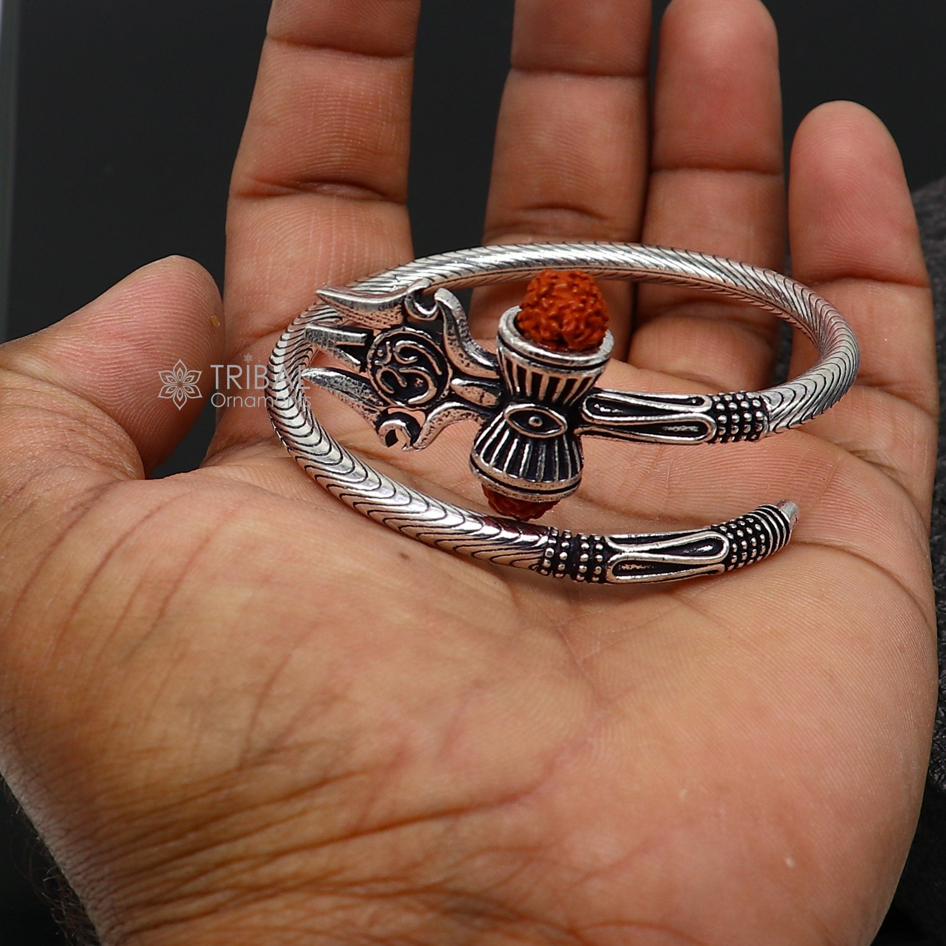 Divine Lord Shiva trident trishul trishool kada 925 Sterling silver handmade bangle bracelet with natural Rudraksha magical  kada nsk740 - TRIBAL ORNAMENTS