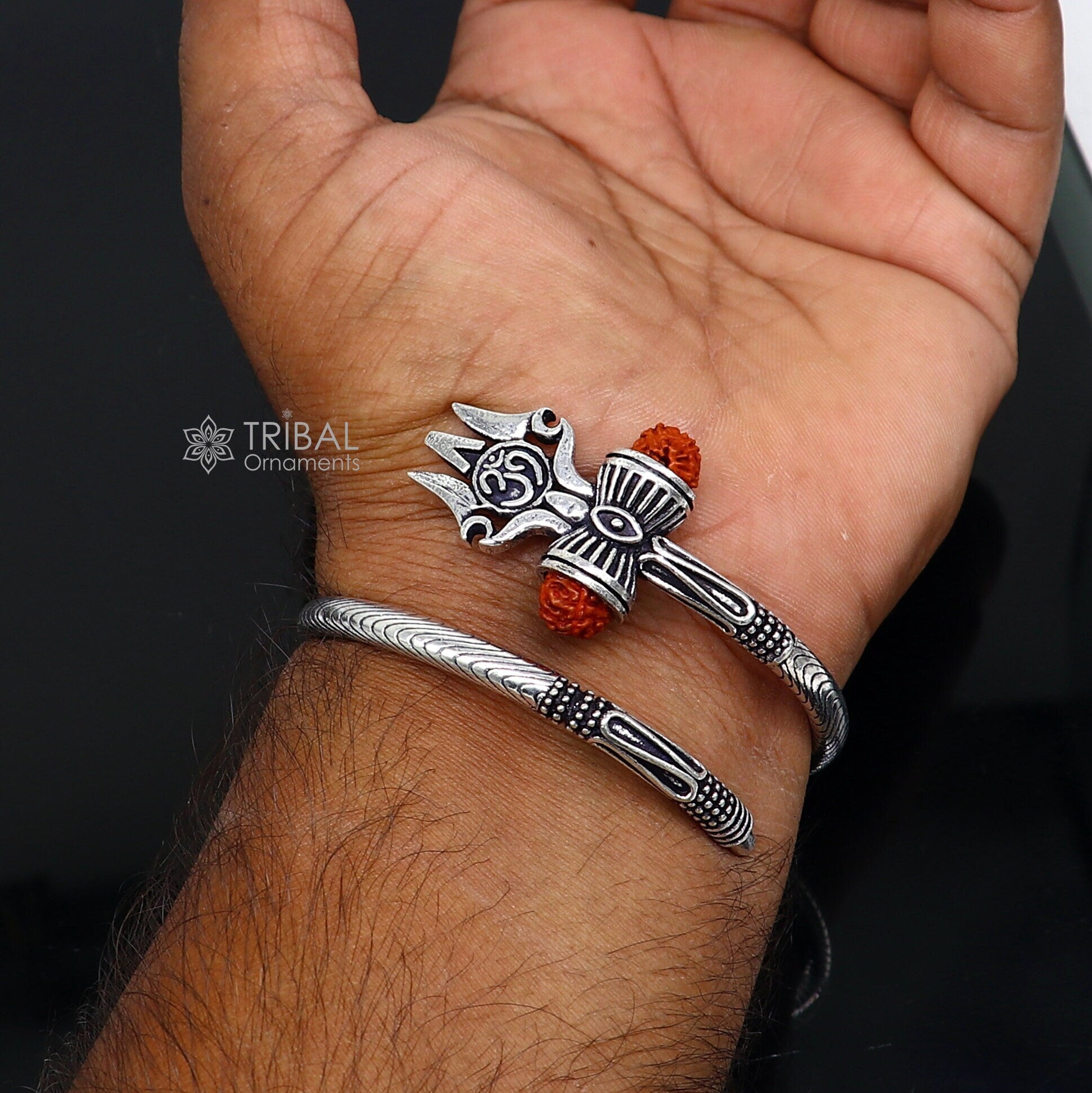 Divine Lord Shiva trident trishul trishool kada 925 Sterling silver handmade bangle bracelet with natural Rudraksha magical  kada nsk740 - TRIBAL ORNAMENTS