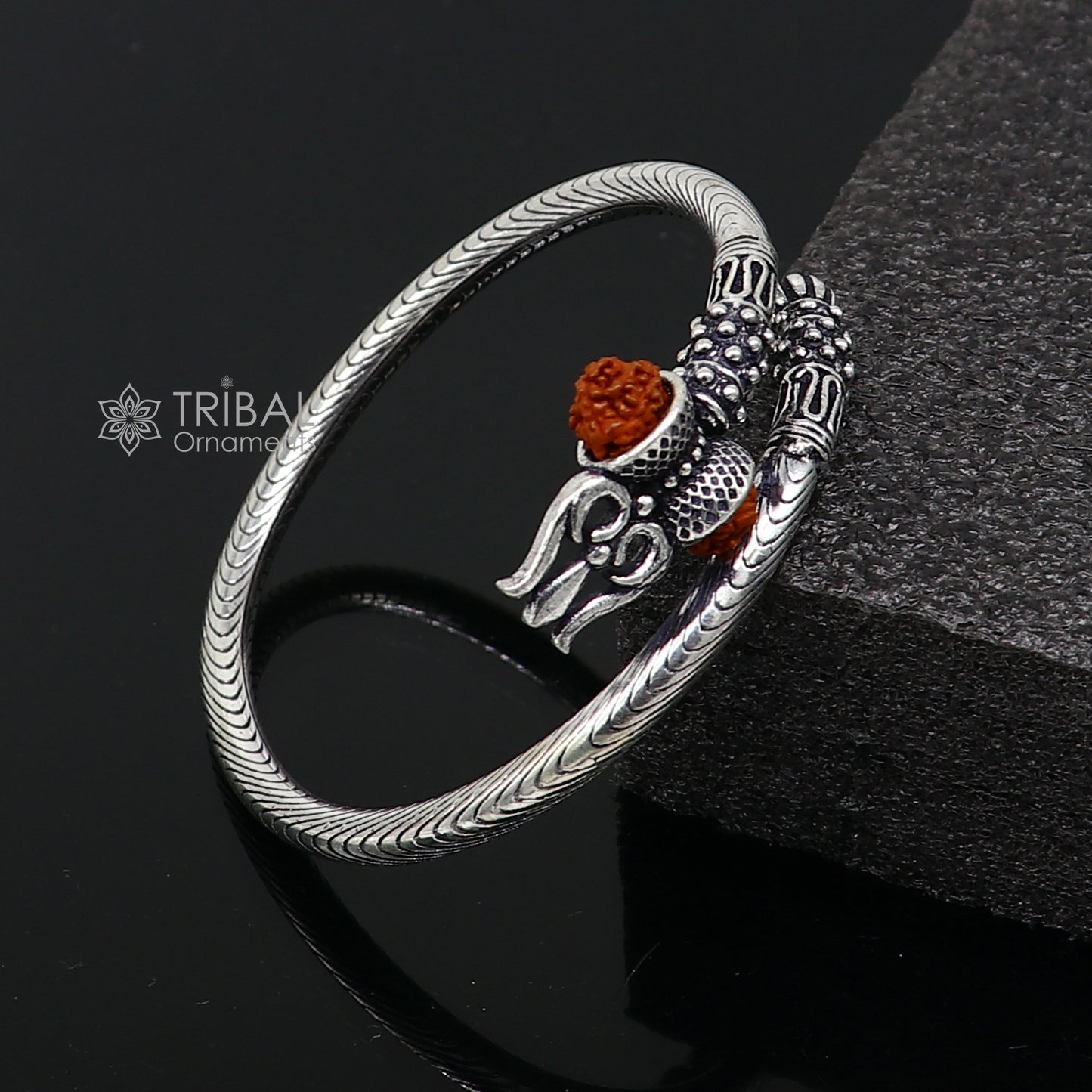 Trendy Lord Shiva trident trishul trishool kada 925 Sterling silver handmade bangle bracelet with natural Rudraksha magical  kada nsk741 - TRIBAL ORNAMENTS