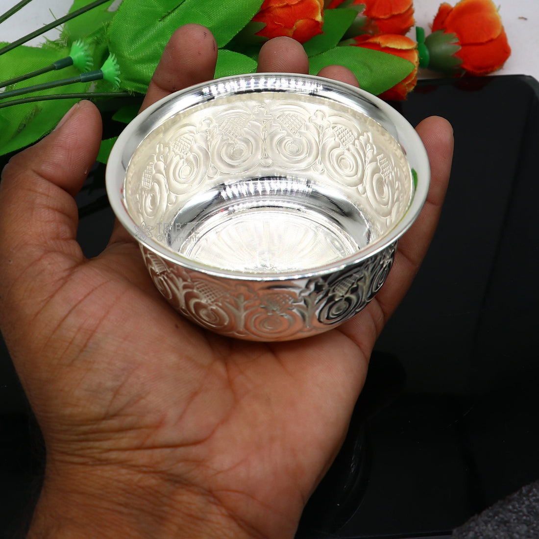 Silver handmade unique design work bowl, silver utensils for rice ceremony Annaprasan, silver worshipping/puja utensils prasad bowl sv280 - TRIBAL ORNAMENTS