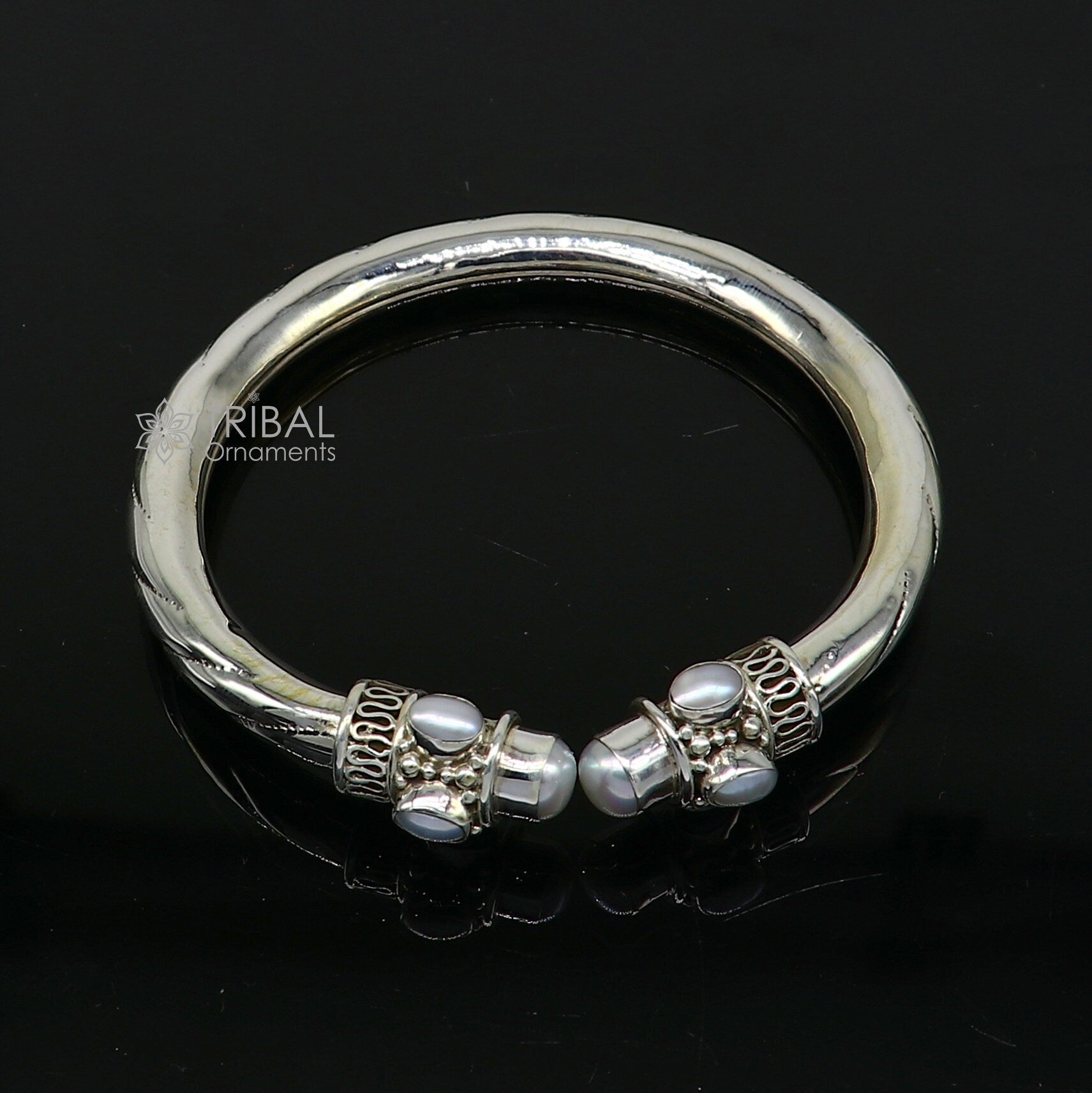 925 sterling silver fabulous natural pearl handmade bangle bracelet kada unisex customized trendy stylish jewelry from india nsk714 - TRIBAL ORNAMENTS