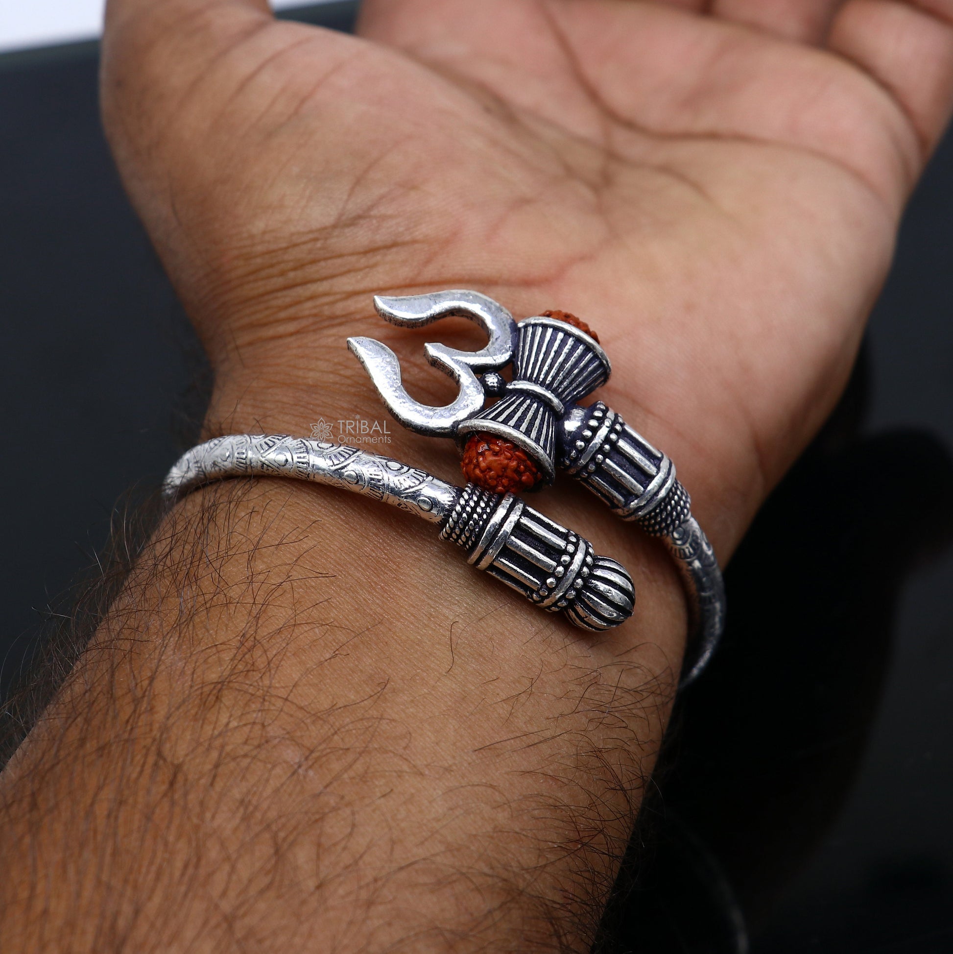 925 Sterling silver handmade trendy style Lord Shiva trident trishul kada bangle bracelet with natural Rudraksha customized kada nsk720 - TRIBAL ORNAMENTS
