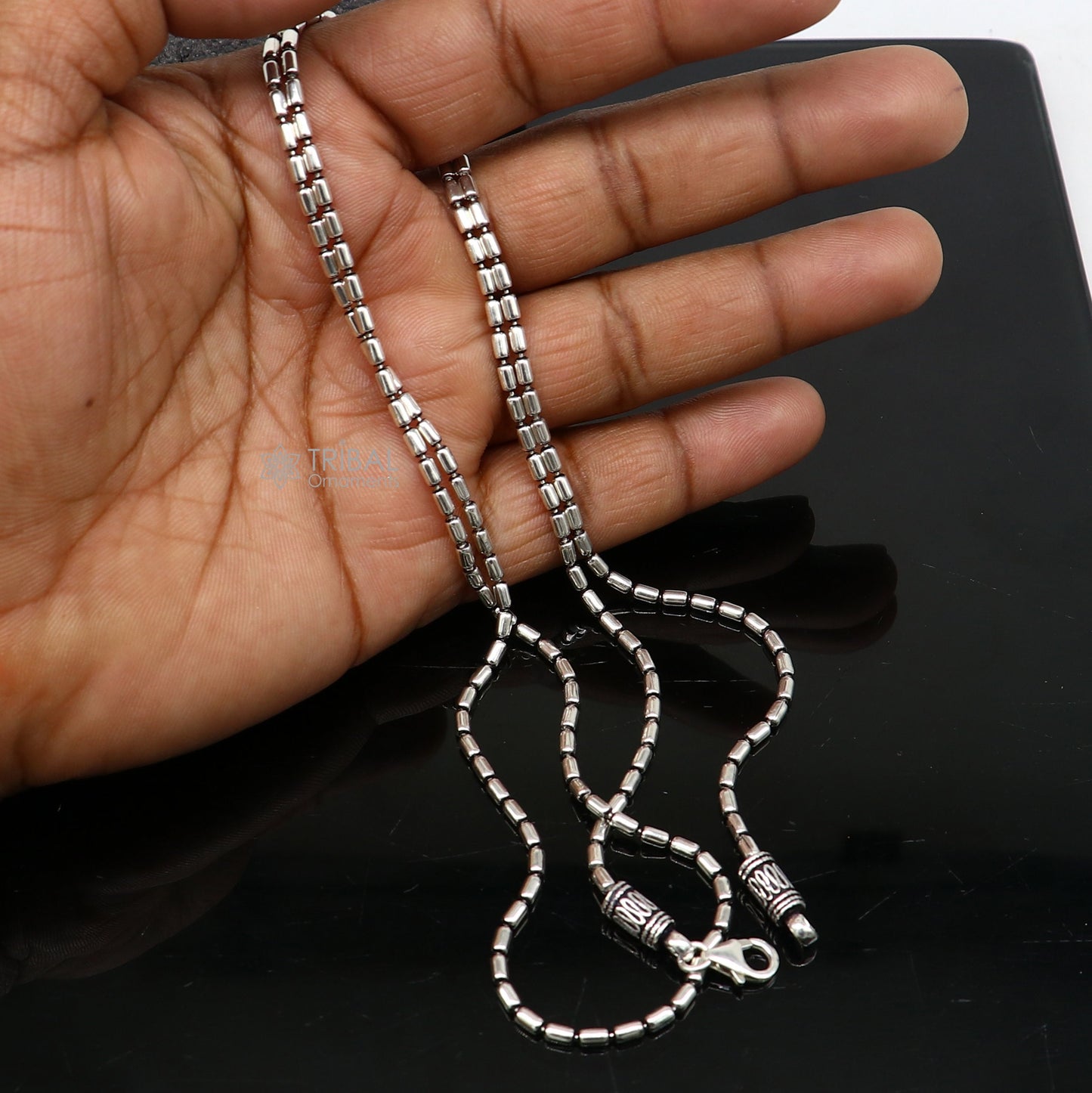 All size 925 sterling silver handmade customized fancy stylish silver beaded chain necklace baht chain best gifting jewelry from India ch562 - TRIBAL ORNAMENTS