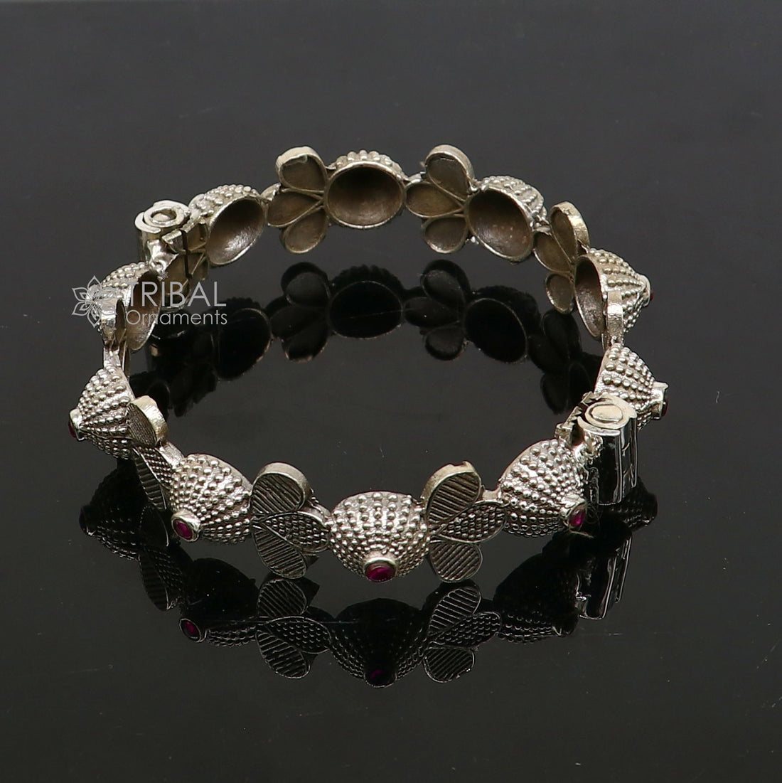 Vintage trendy style 925 sterling silver handmade unique tribal cultural bangle bracelet kada with red stone work wedding jewelry nba384 - TRIBAL ORNAMENTS