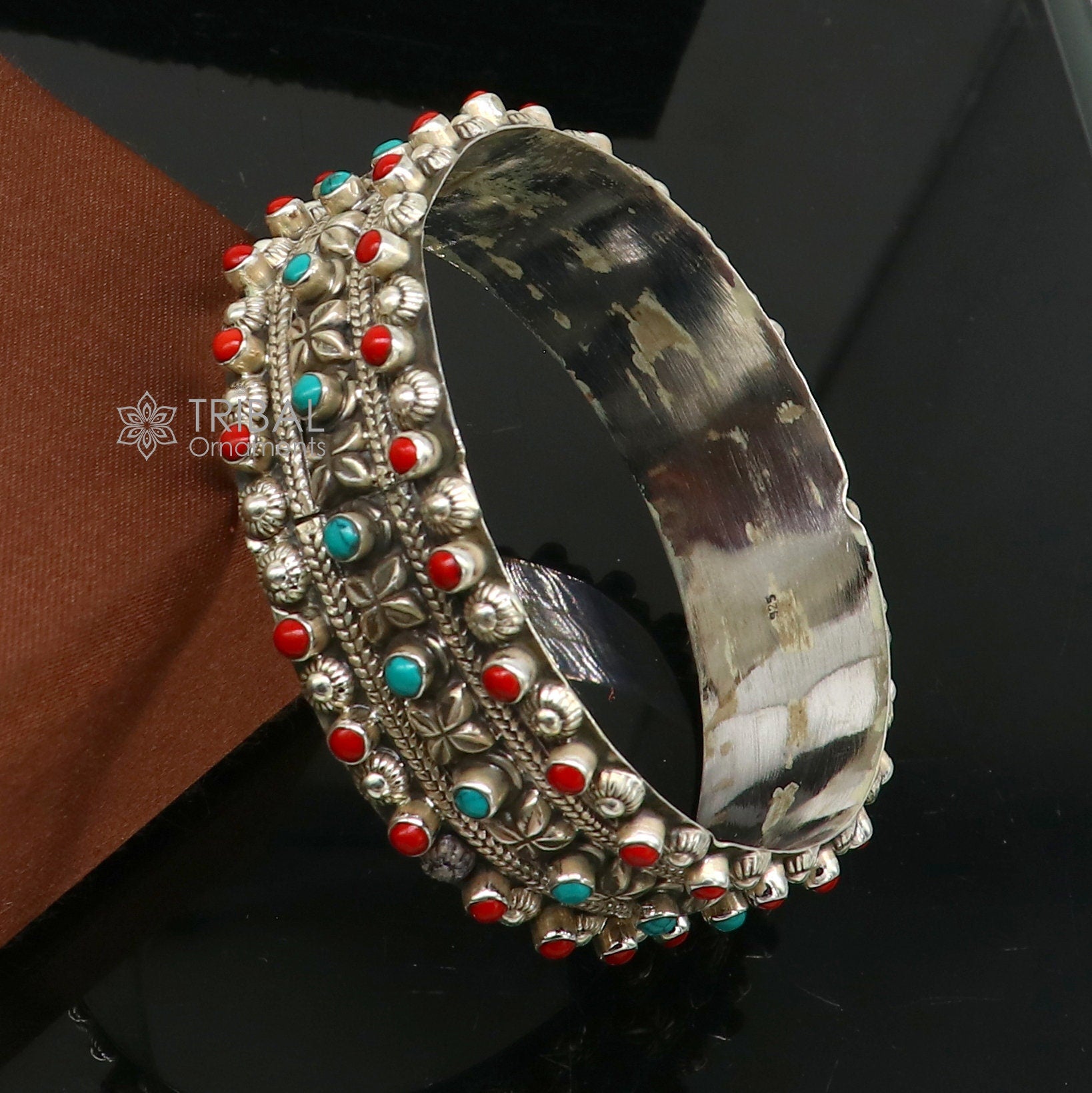 Exclusive Red coral & turquoise stone 925 sterling silver design wedding anniversary gifting bangle bracelet kada functional jewelry nba390 - TRIBAL ORNAMENTS