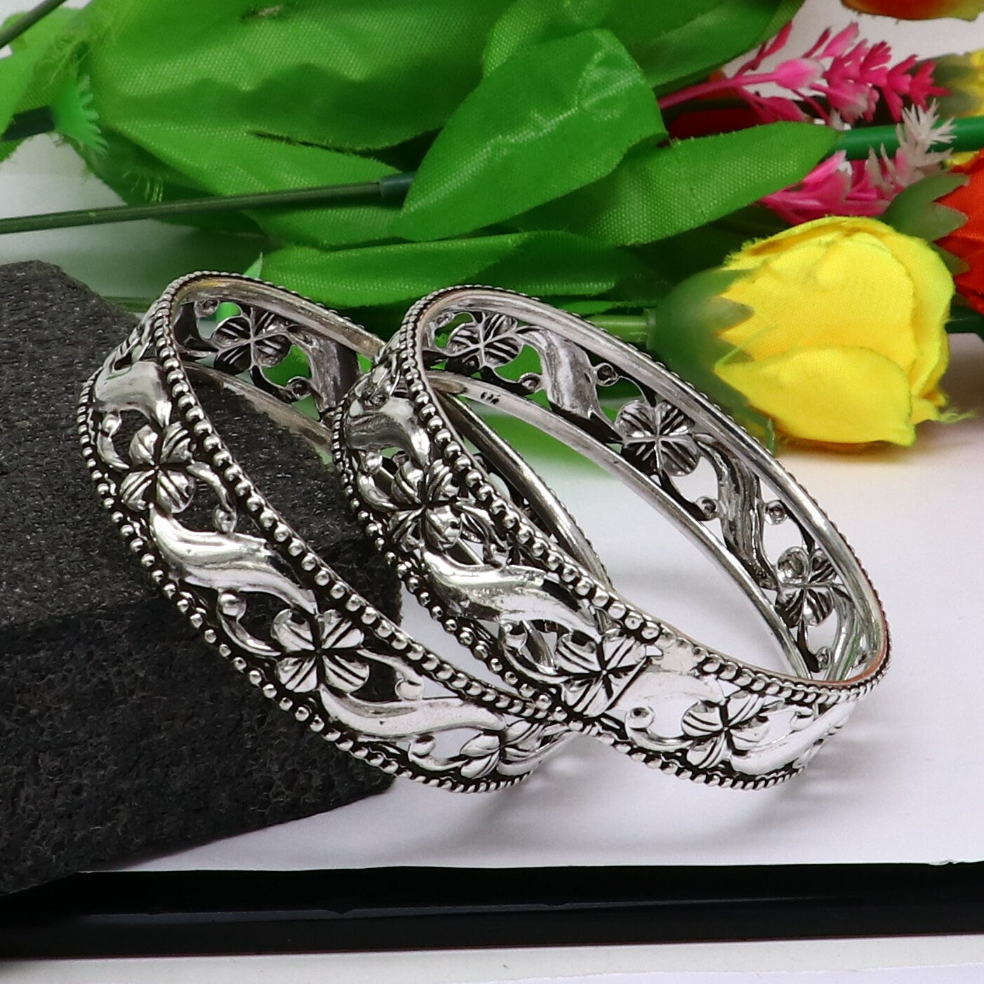 Floral style 925 sterling silver amazing customized bangle bracelet kada , best brides gifting ethnic stylish tribal fashion jewelry nba394 - TRIBAL ORNAMENTS