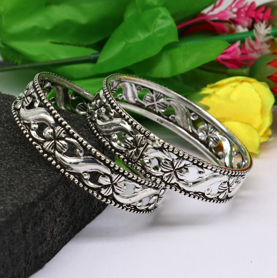 Floral style 925 sterling silver amazing customized bangle bracelet kada , best brides gifting ethnic stylish tribal fashion jewelry nba394 - TRIBAL ORNAMENTS