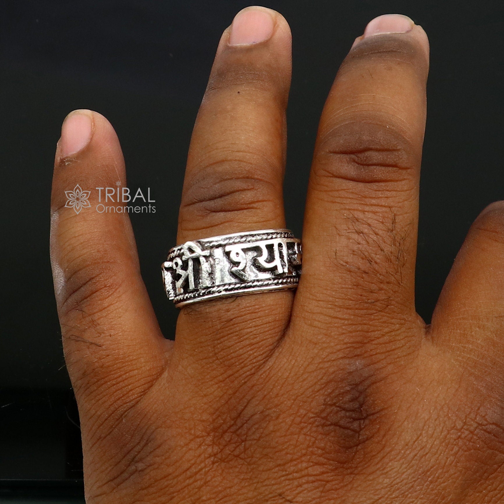 925 sterling silver 12mm wide solid handmade Adjustable idol Krishna mantra "Jai Shri Shyam" ring band, thumb ring oxidized jewelry sr380 - TRIBAL ORNAMENTS