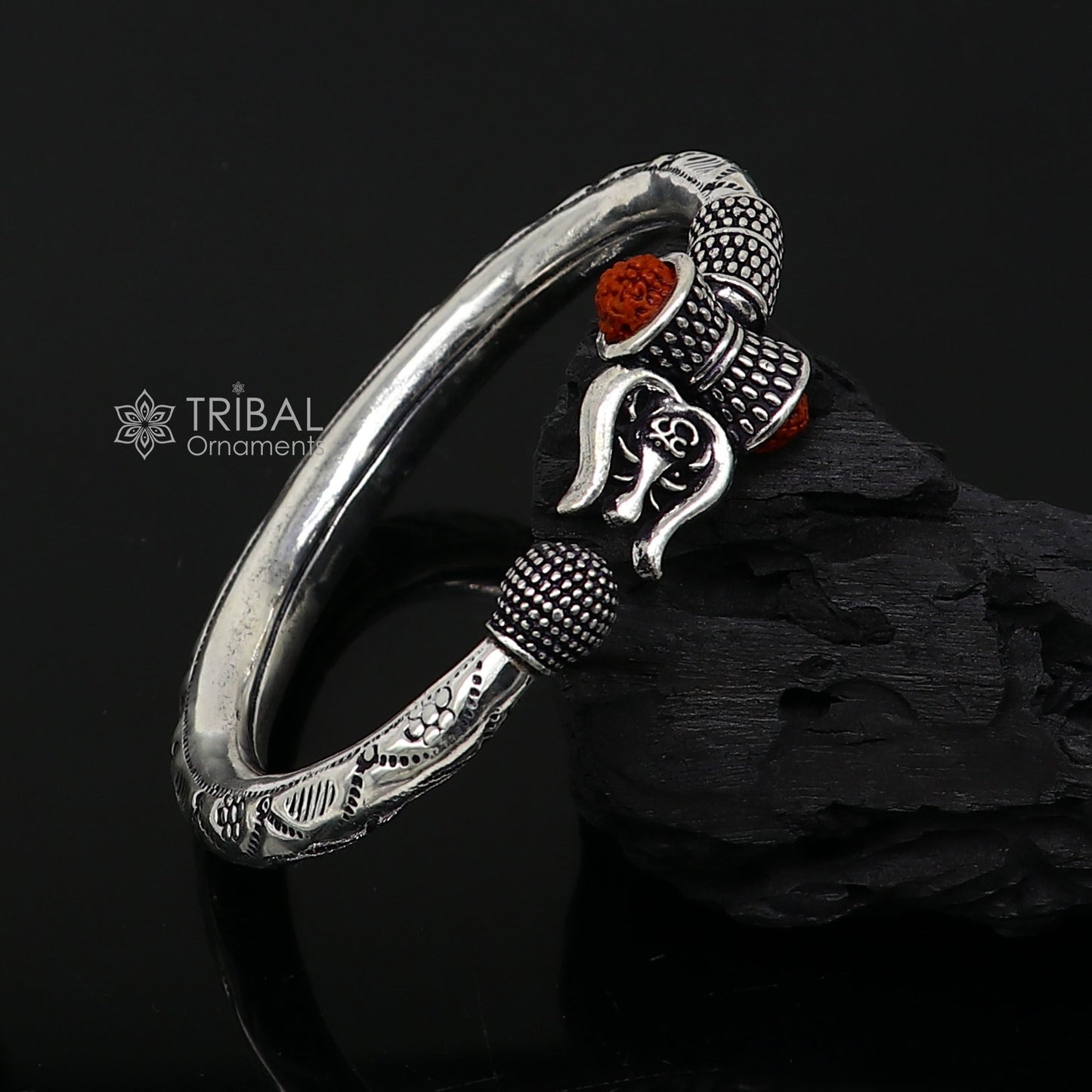 Divine Lord Shiva trident trishul trishool kada 925 Sterling silver handmade bangle bracelet with natural Rudraksha magical  kada nsk739 - TRIBAL ORNAMENTS