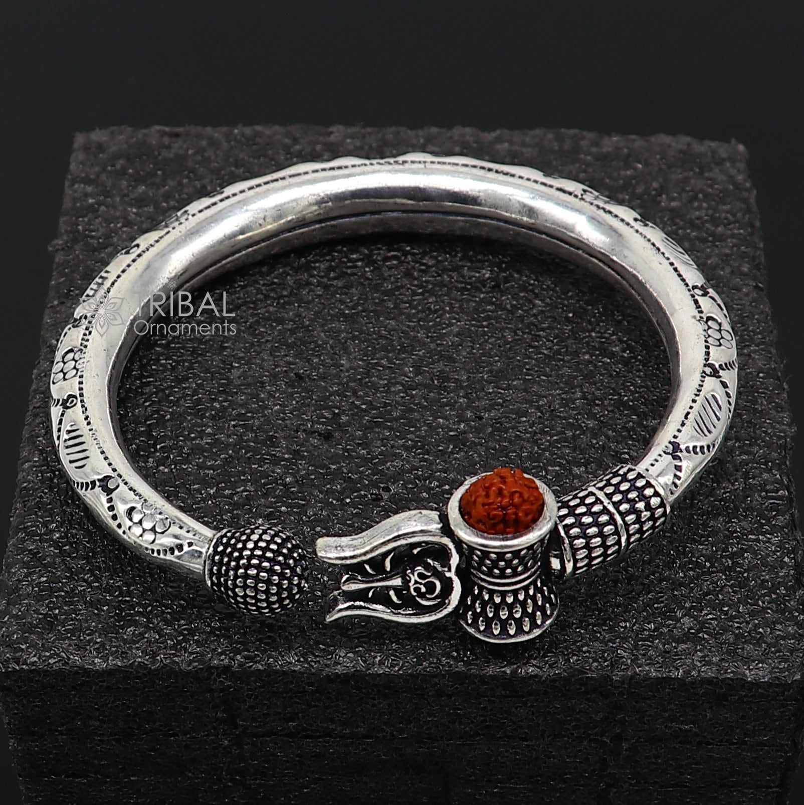 Rudraksha beads Handcrafted 925 sterling silver bangle bracelet kada excellent Lord selling shiva trident customized jewelry,gifting unisex nsk241