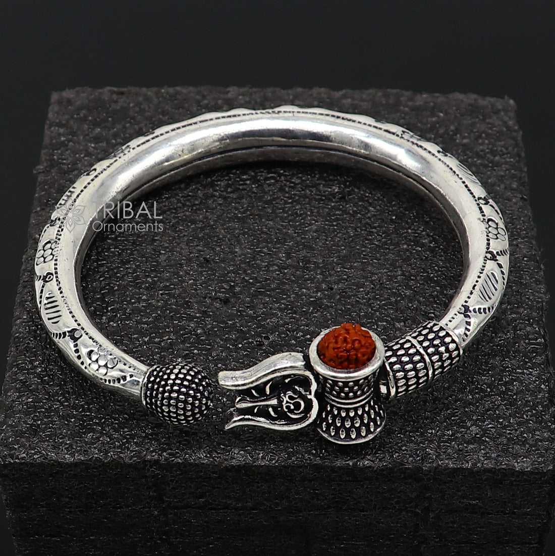 Divine Lord Shiva trident trishul trishool kada 925 Sterling silver handmade bangle bracelet with natural Rudraksha magical  kada nsk739 - TRIBAL ORNAMENTS