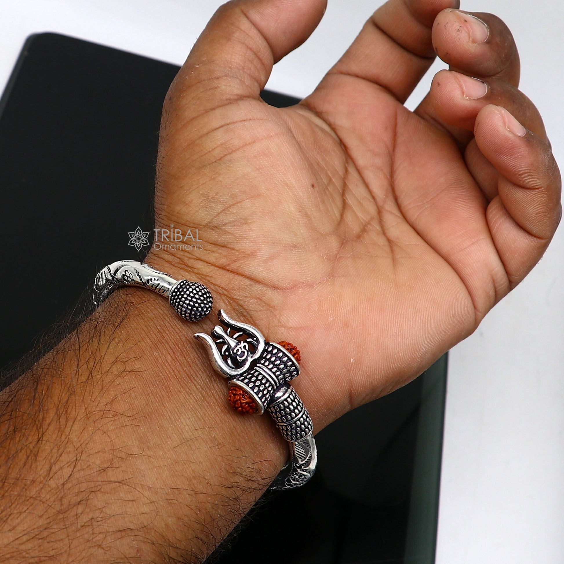 Divine Lord Shiva trident trishul trishool kada 925 Sterling silver handmade bangle bracelet with natural Rudraksha magical  kada nsk739 - TRIBAL ORNAMENTS