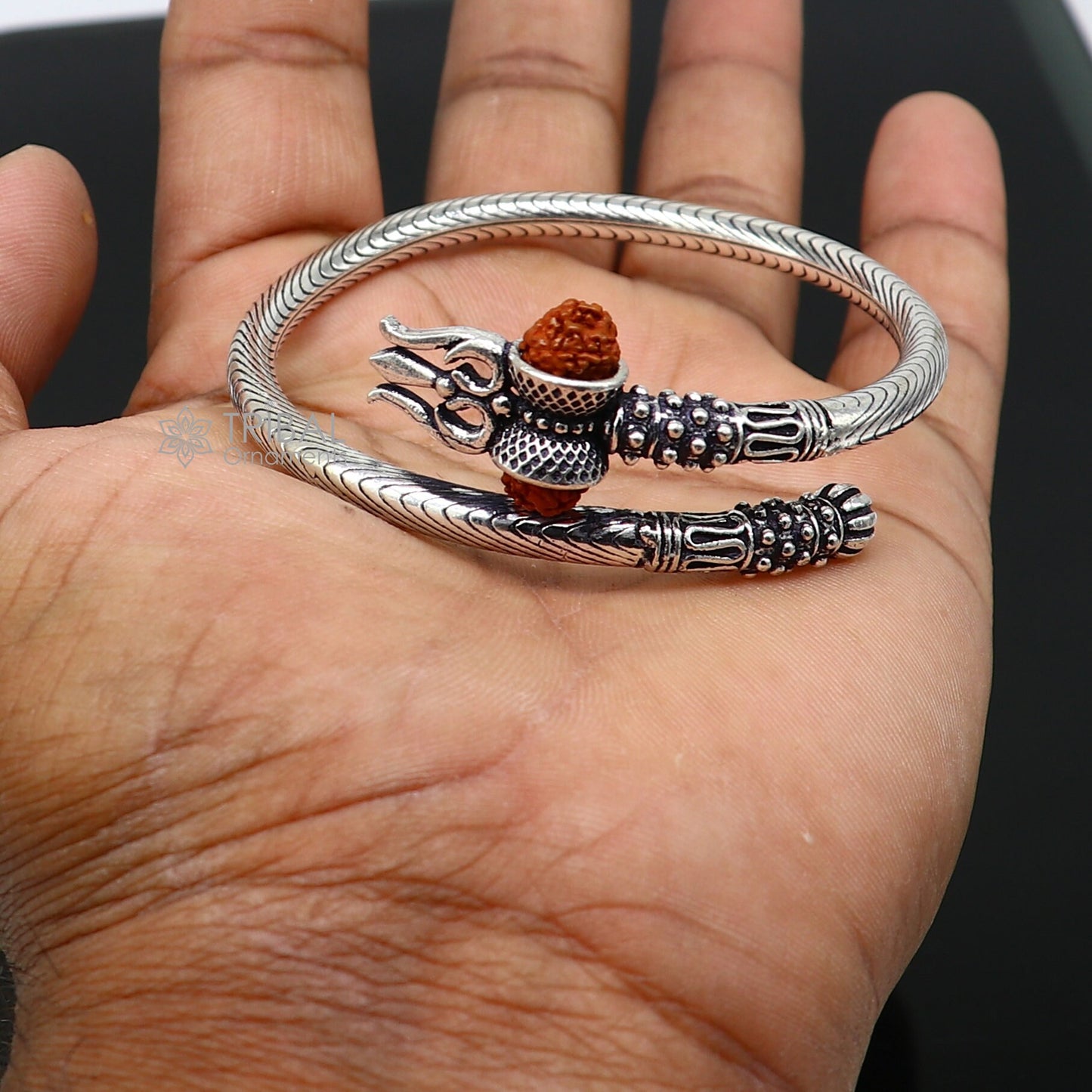 Trendy Lord Shiva trident trishul trishool kada 925 Sterling silver handmade bangle bracelet with natural Rudraksha magical  kada nsk741 - TRIBAL ORNAMENTS