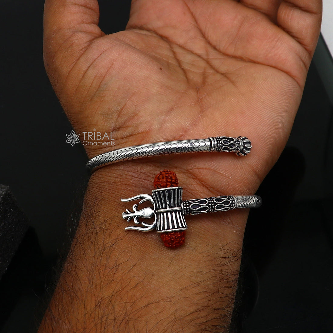 Trendy Lord Shiva trident trishul trishool kada 925 Sterling silver handmade bangle bracelet with natural Rudraksha magical  kada nsk742 - TRIBAL ORNAMENTS