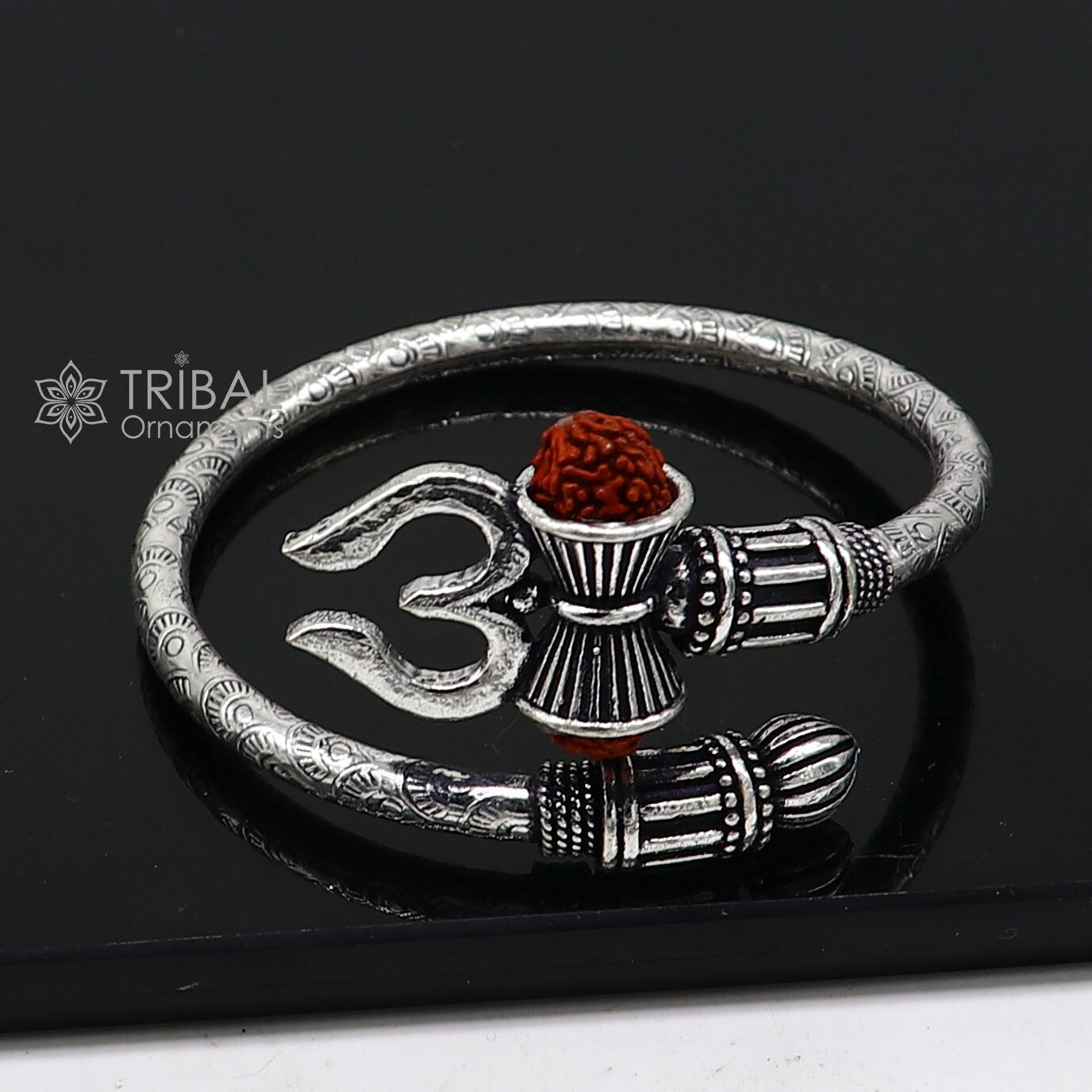 Trendy Lord Shiva trident trishul trishool kada 925 Sterling silver handmade bangle bracelet with natural Rudraksha magical  kada nsk743 - TRIBAL ORNAMENTS