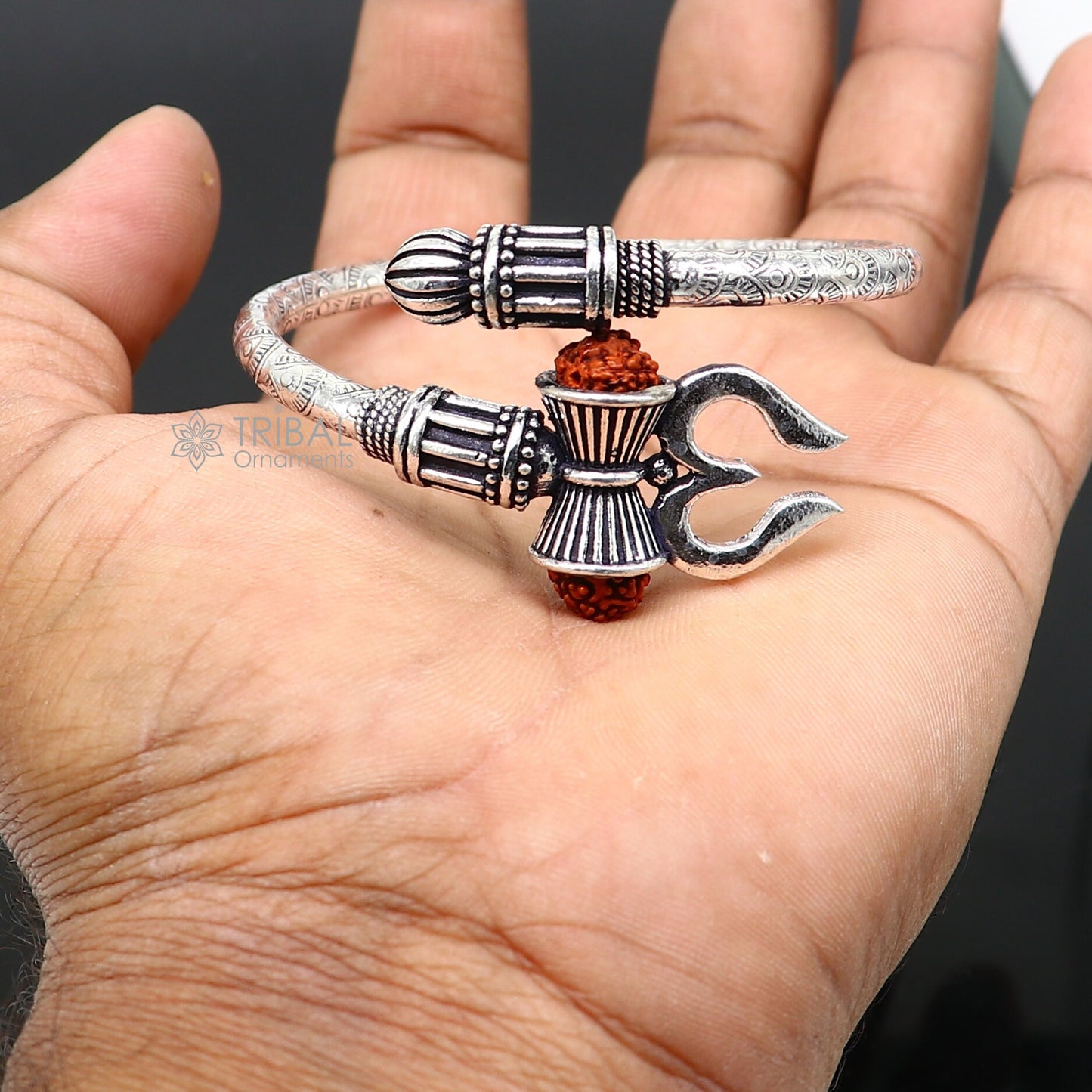Trendy Lord Shiva trident trishul trishool kada 925 Sterling silver handmade bangle bracelet with natural Rudraksha magical  kada nsk743 - TRIBAL ORNAMENTS