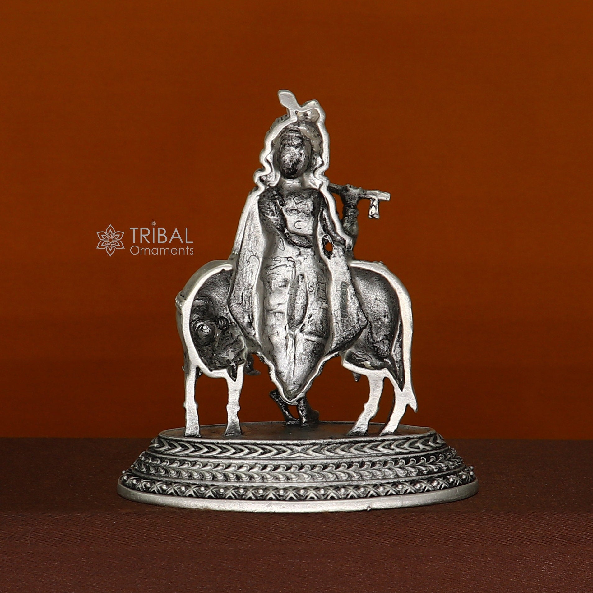 925 Sterling silver handmade design Indian Idols Lord krishna with cow & flute statue figurine, puja articles decorative diwali puja art682 - TRIBAL ORNAMENTS