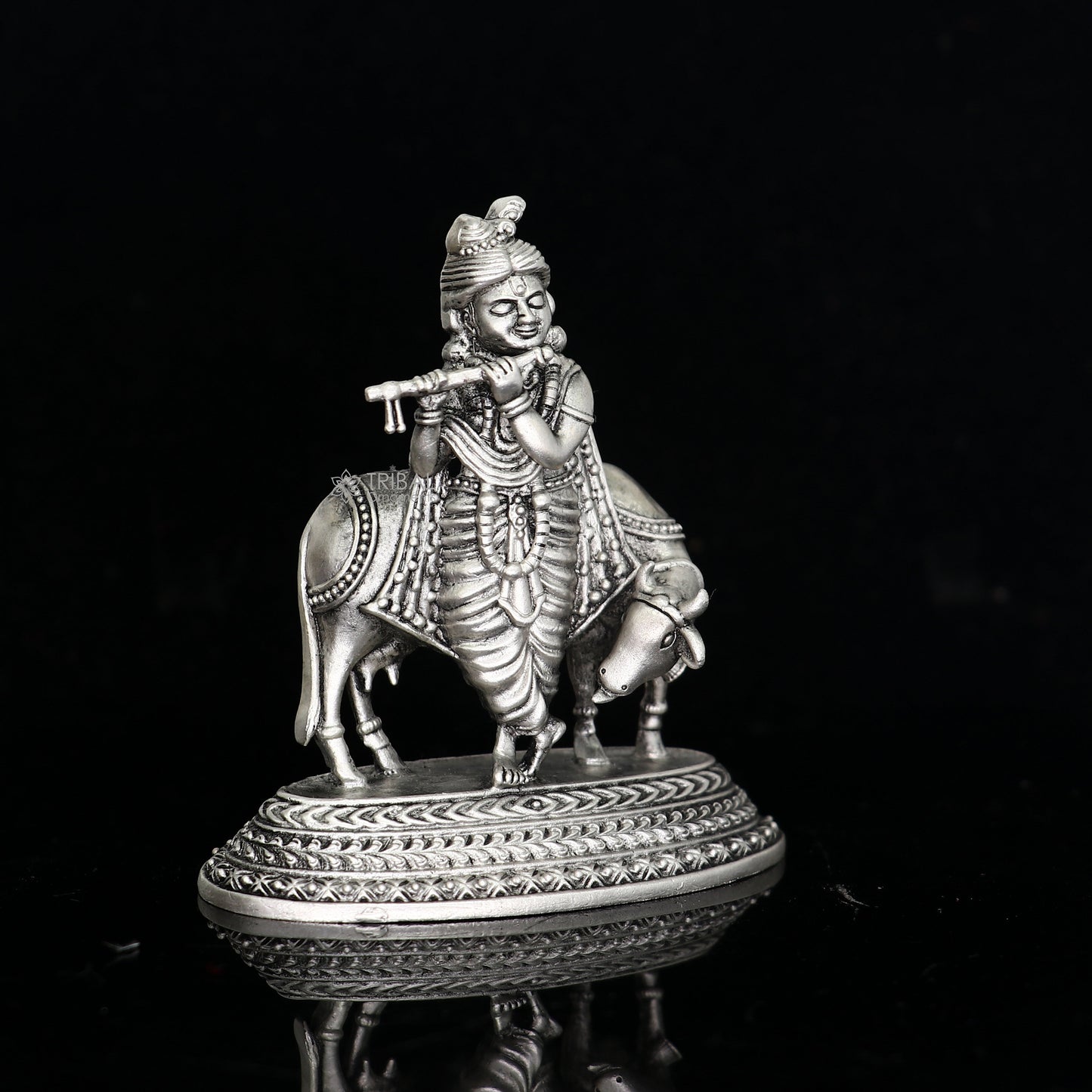 925 Sterling silver handmade design Indian Idols Lord krishna with cow & flute statue figurine, puja articles decorative diwali puja art682 - TRIBAL ORNAMENTS