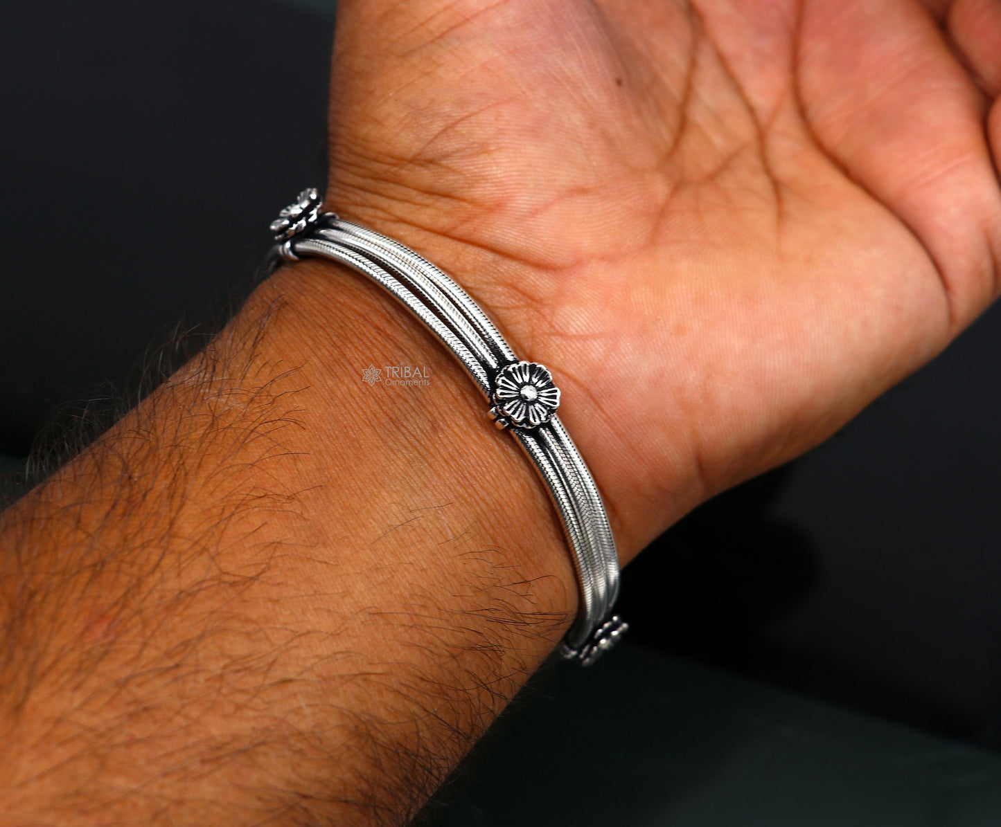 8.5" snake chain bracelet, amazing 925 sterling silver 3 line smooth design flower bracelet , best men's gifting bracelet from India sbr688 - TRIBAL ORNAMENTS