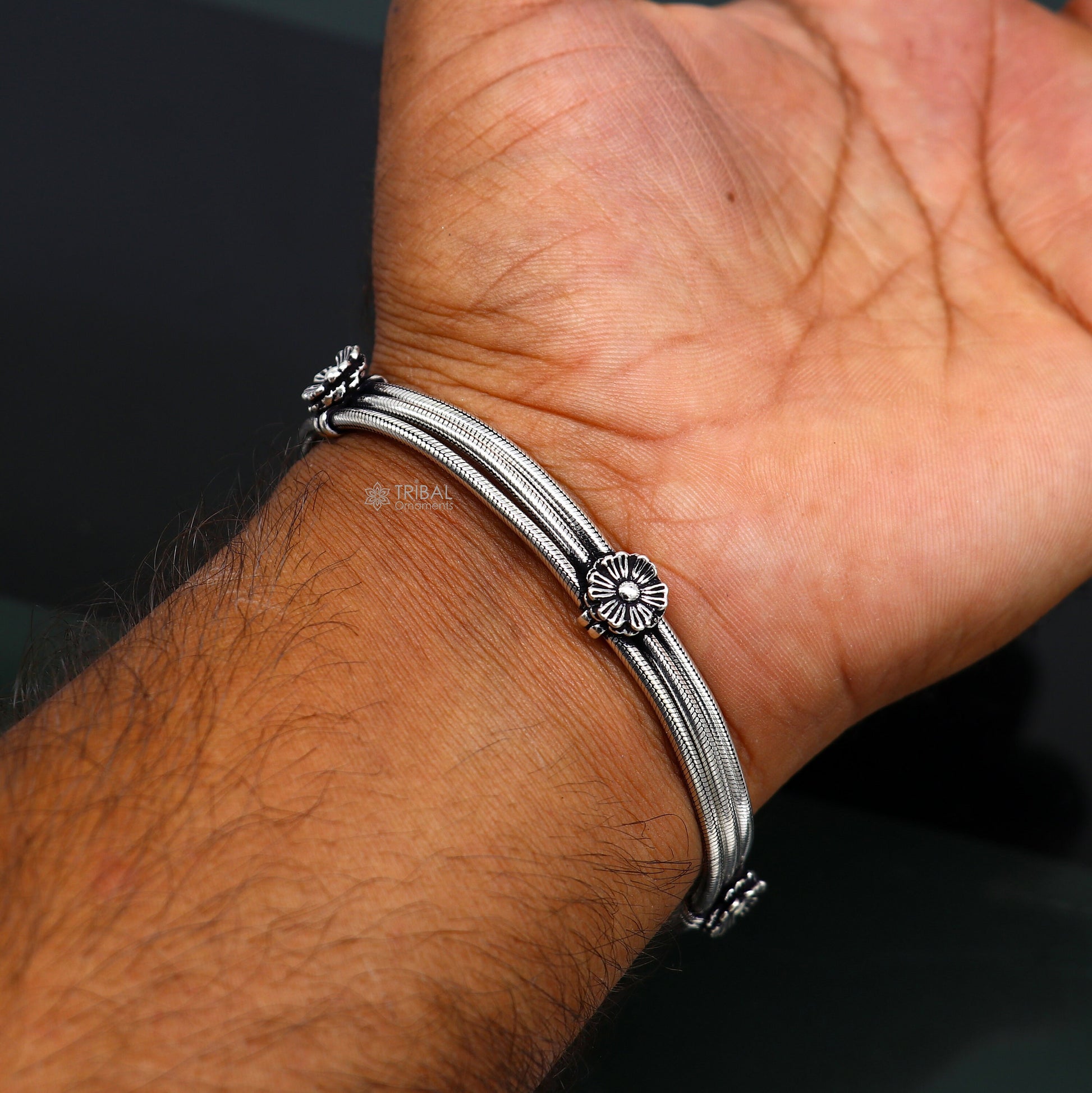 8.5" snake chain bracelet, amazing 925 sterling silver 3 line smooth design flower bracelet , best men's gifting bracelet from India sbr688 - TRIBAL ORNAMENTS
