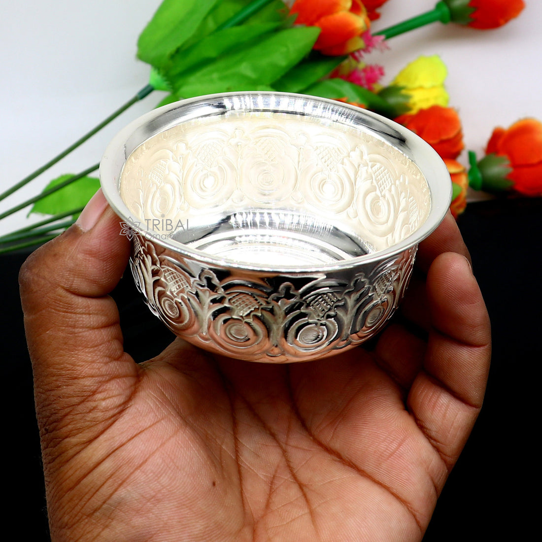 Silver handmade unique design work bowl, silver utensils for rice ceremony Annaprasan, silver worshipping/puja utensils prasad bowl sv280 - TRIBAL ORNAMENTS