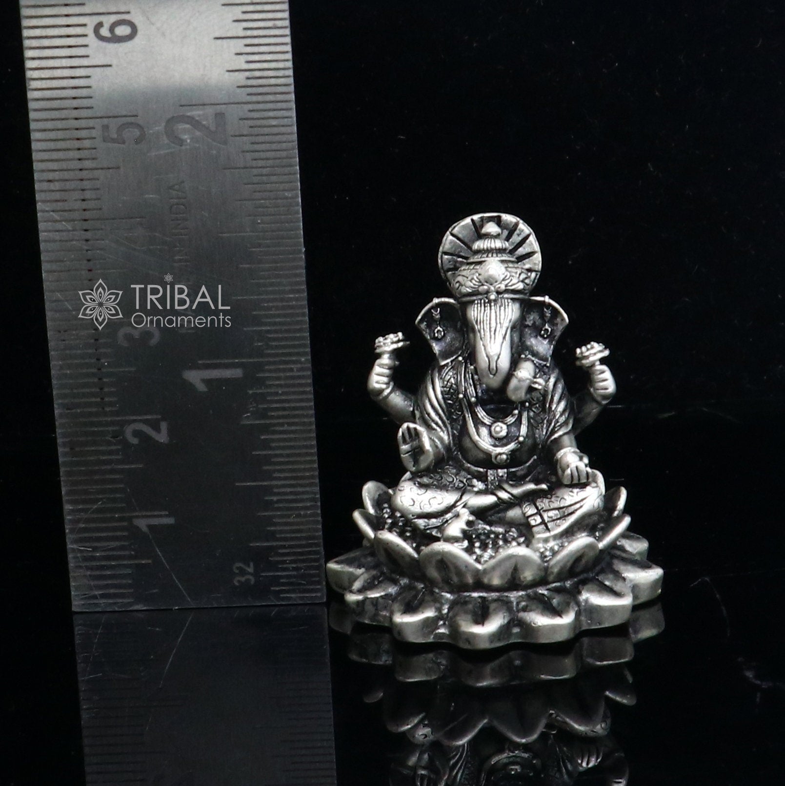 1.5" 925 Sterling silver lord Ganesha Kamlasan statue puja article figurine, Diwali puja Divine silver article of prosperity& wealth art714 - TRIBAL ORNAMENTS