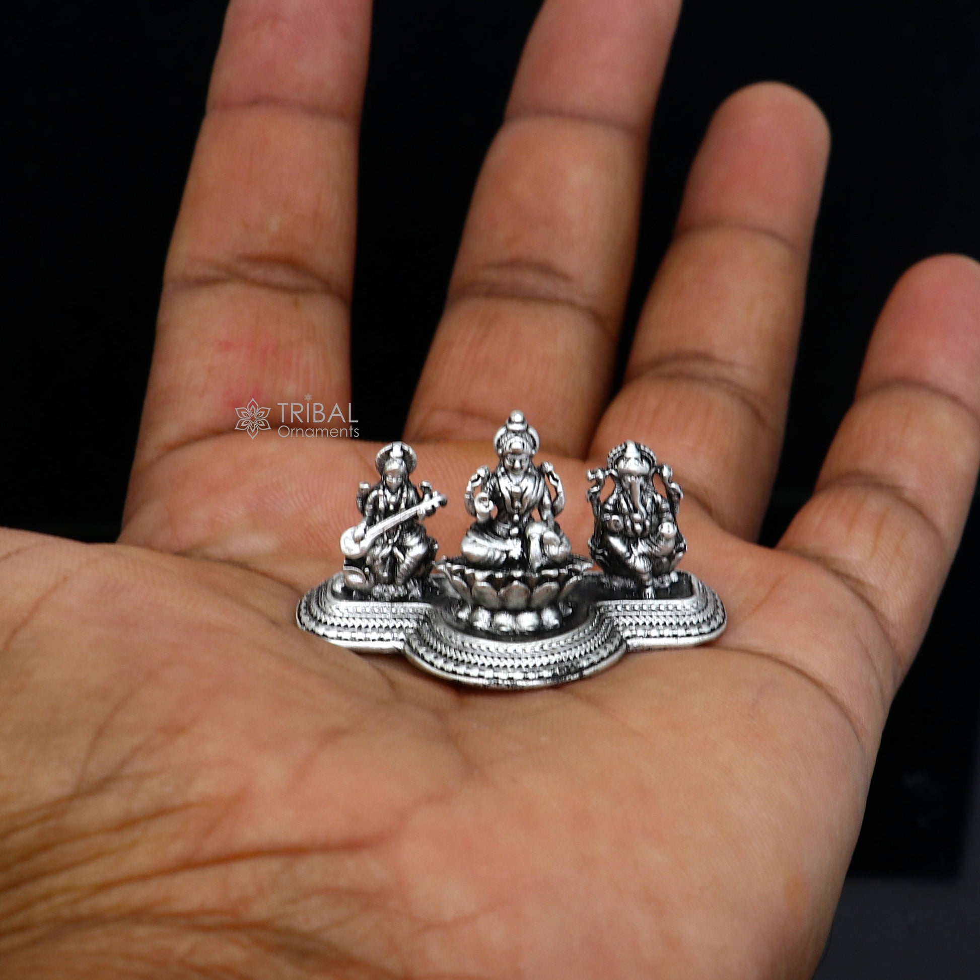 Combo Lakshmi Ganesha and Saraswati 925 Sterling silver puja article figurine statue, Diwali puja brings joy, hope, and wealth art721 - TRIBAL ORNAMENTS