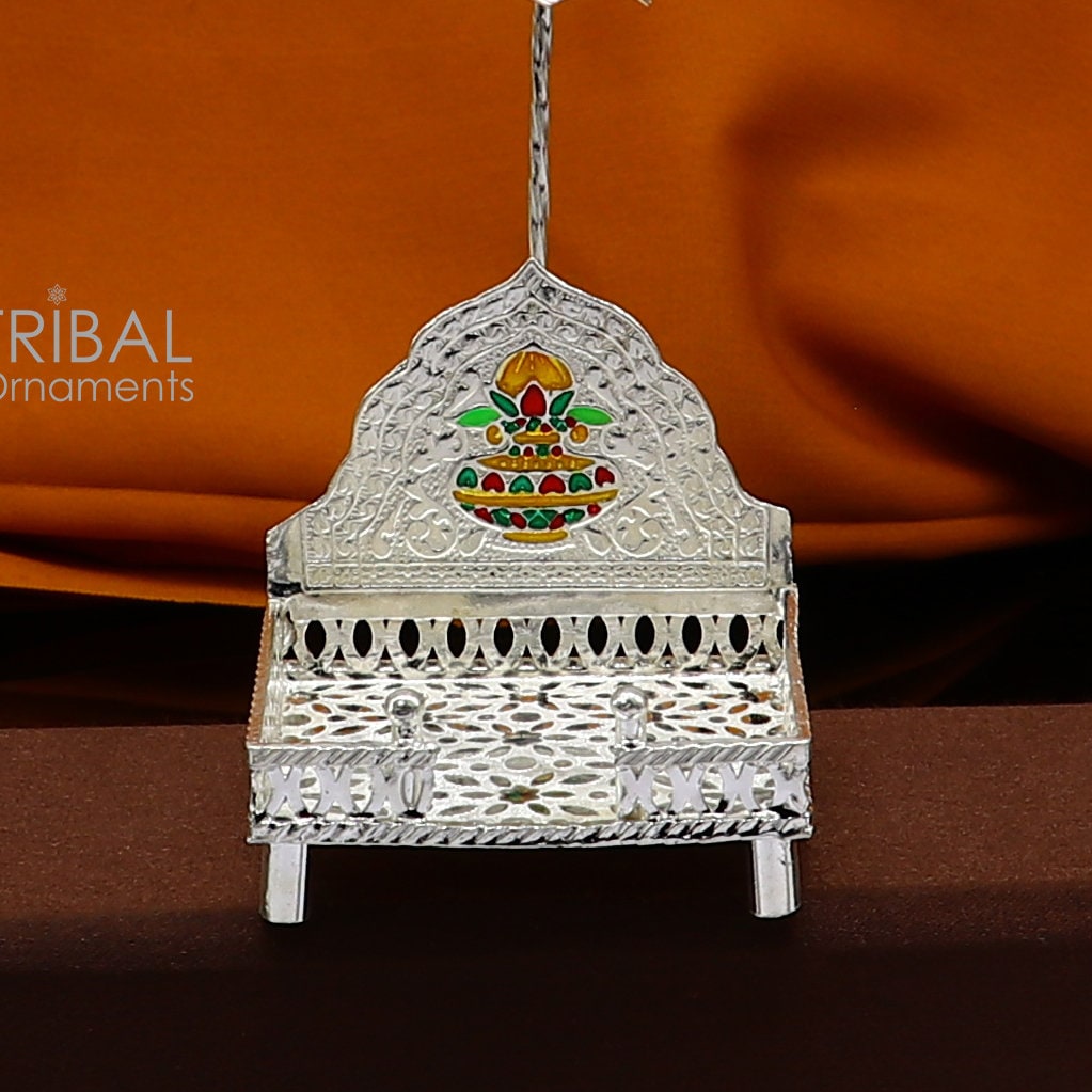 925 pure sterling silver handcrafted small sinhasan, idol krishna Bal Gopala throne, god statue's stand chair temple art puja article su1168 - TRIBAL ORNAMENTS
