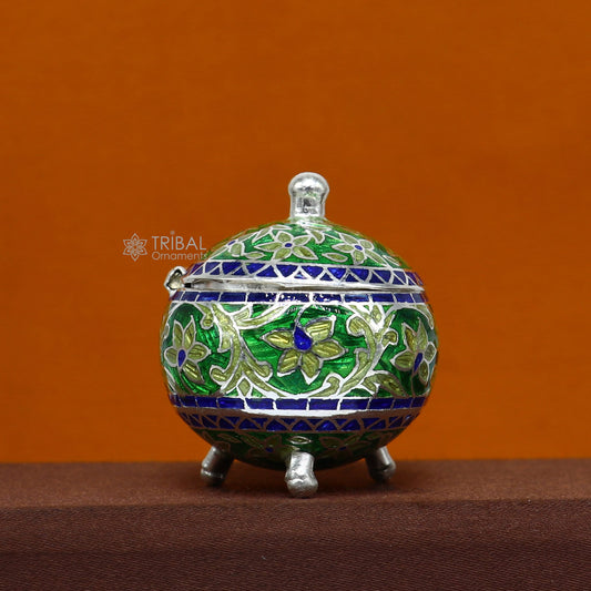 Exclusive 925 Sterling silver handmade fabulous trinket box, Silver container box, casket box, Sindoor box, enamel work gifting box stb836 - TRIBAL ORNAMENTS