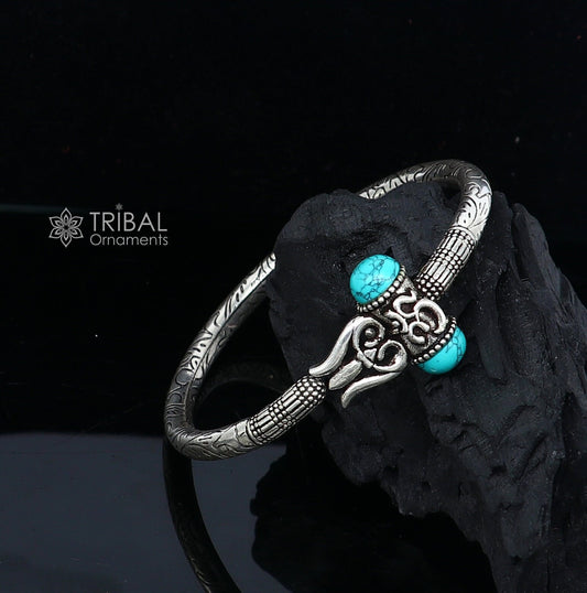 925 sterling handmade gorgeous turquoise stone shiva trident kada bahubali kada vintage designer kada bracelet unisex nsk757 - TRIBAL ORNAMENTS