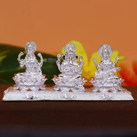 Combo Lakshmi Ganesha and Saraswati 925 Sterling silver puja article figurine statue, Diwali puja brings joy, hope, and wealth art725 - TRIBAL ORNAMENTS