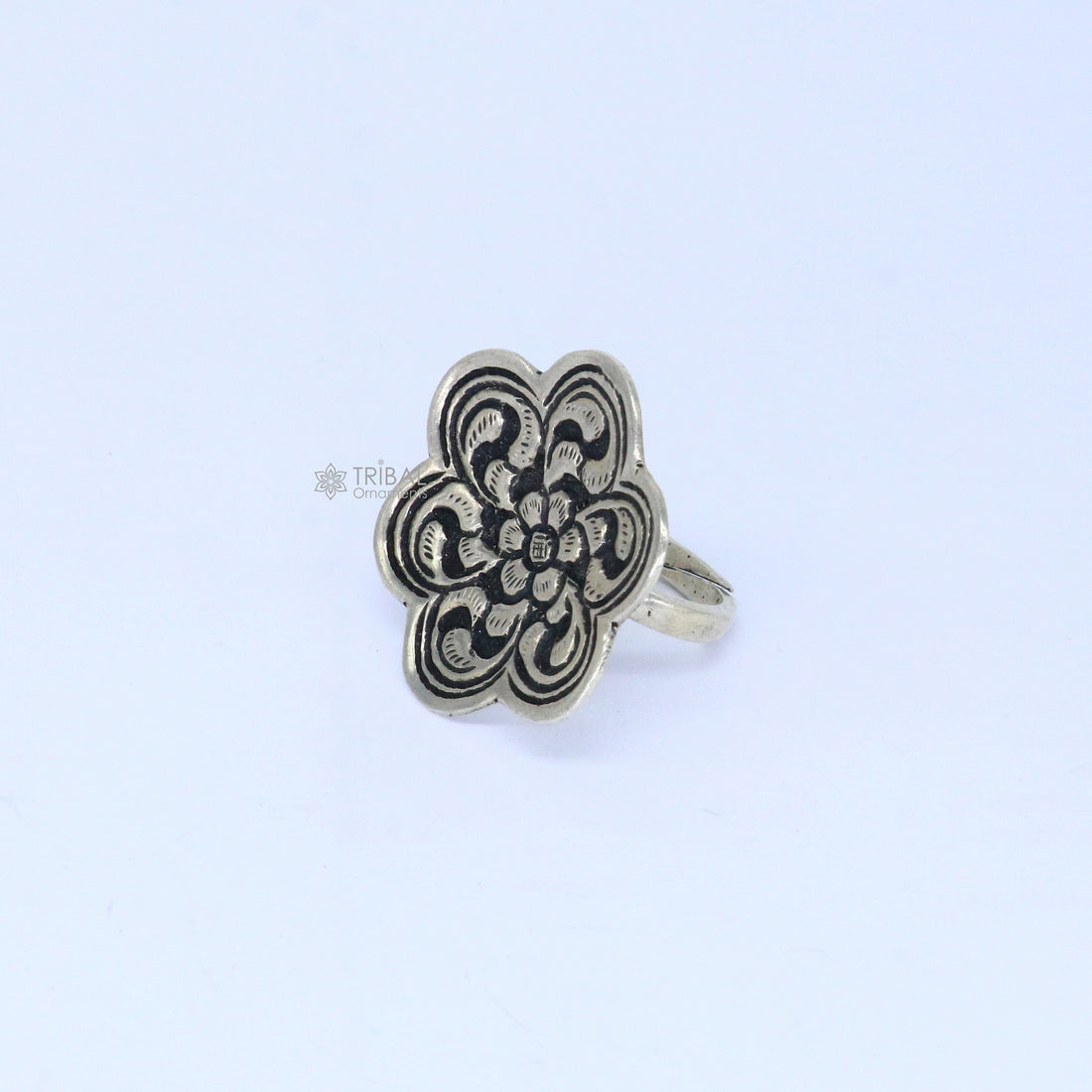 Traditional cultural flower design 925 sterling silver adjustable ring, best tribal ethnic jewelry for belly dance Navratri jewelry sr385 - TRIBAL ORNAMENTS