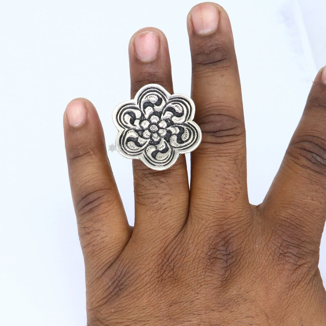 Traditional cultural flower design 925 sterling silver adjustable ring, best tribal ethnic jewelry for belly dance Navratri jewelry sr385 - TRIBAL ORNAMENTS