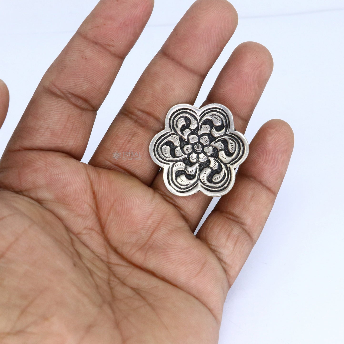 Traditional cultural flower design 925 sterling silver adjustable ring, best tribal ethnic jewelry for belly dance Navratri jewelry sr385 - TRIBAL ORNAMENTS