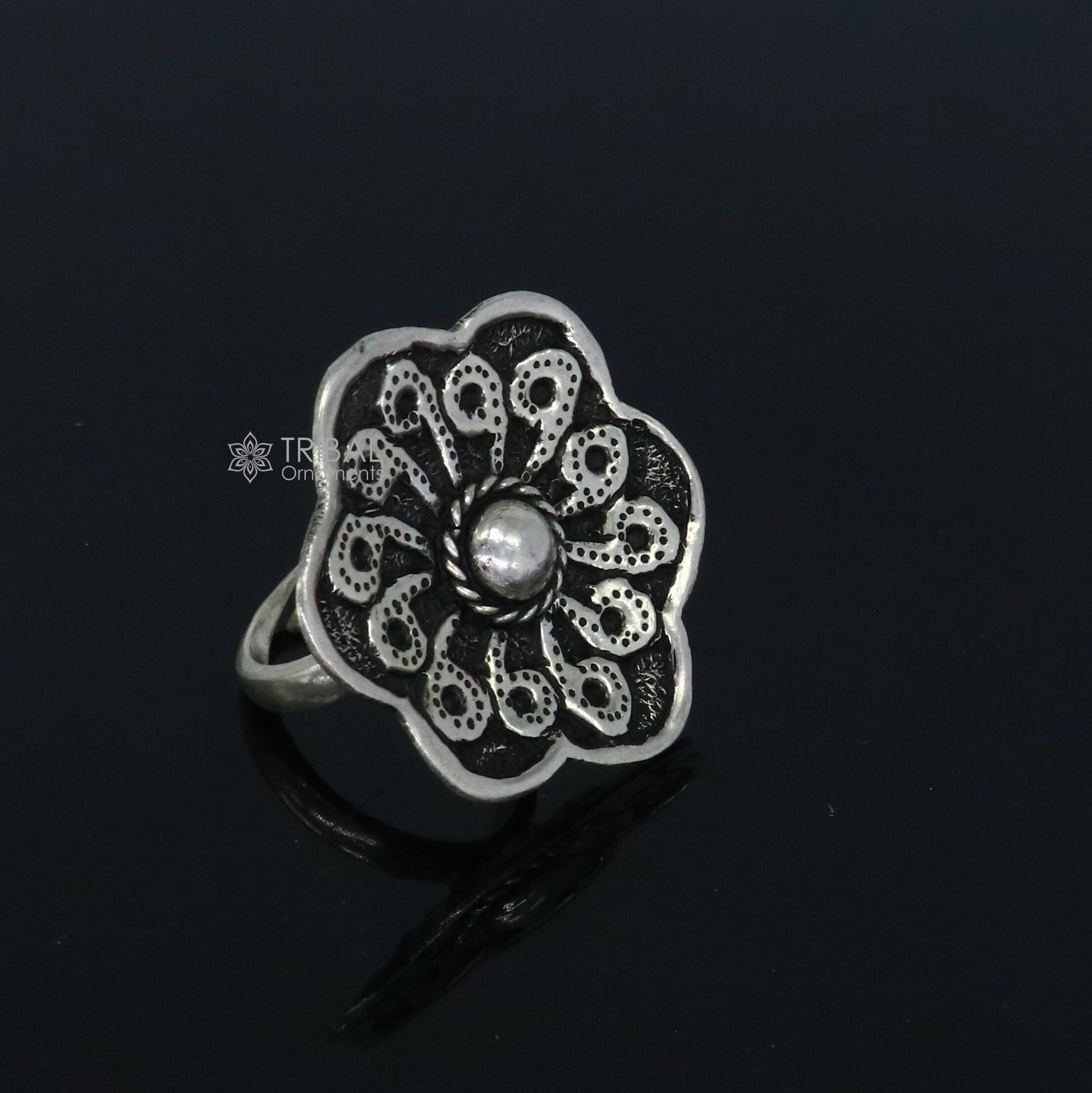 Traditional cultural flower design 925 sterling silver adjustable ring, best tribal ethnic jewelry for belly dance Navratri jewelry sr386 - TRIBAL ORNAMENTS