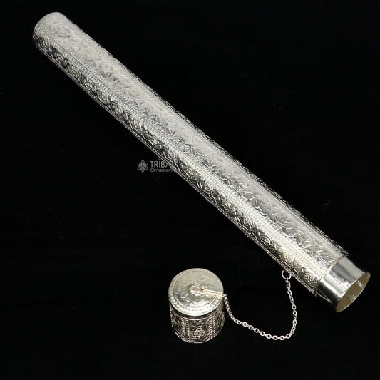10" round shape design handmade 925 silver incense sticks box holder, Agarbatti  box trinket box fabulous royal puja temple article su1194 - TRIBAL ORNAMENTS