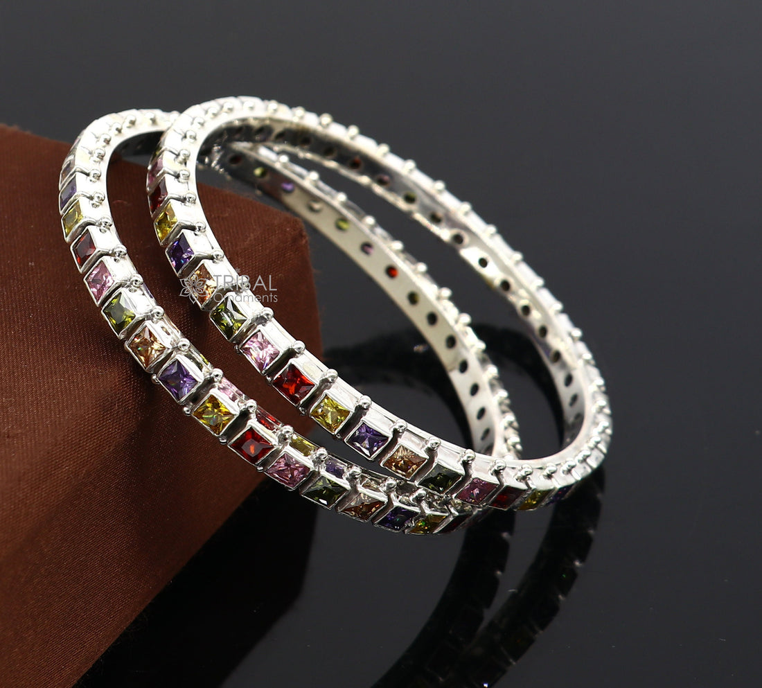 925 sterling silver multicolor square shape stone wedding anniversary gifting functional bangle bracelet  vintage tribal jewelry nba406 - TRIBAL ORNAMENTS