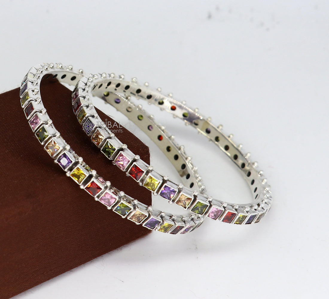 925 sterling silver multicolor square shape stone wedding anniversary gifting functional bangle bracelet  vintage tribal jewelry nba406 - TRIBAL ORNAMENTS