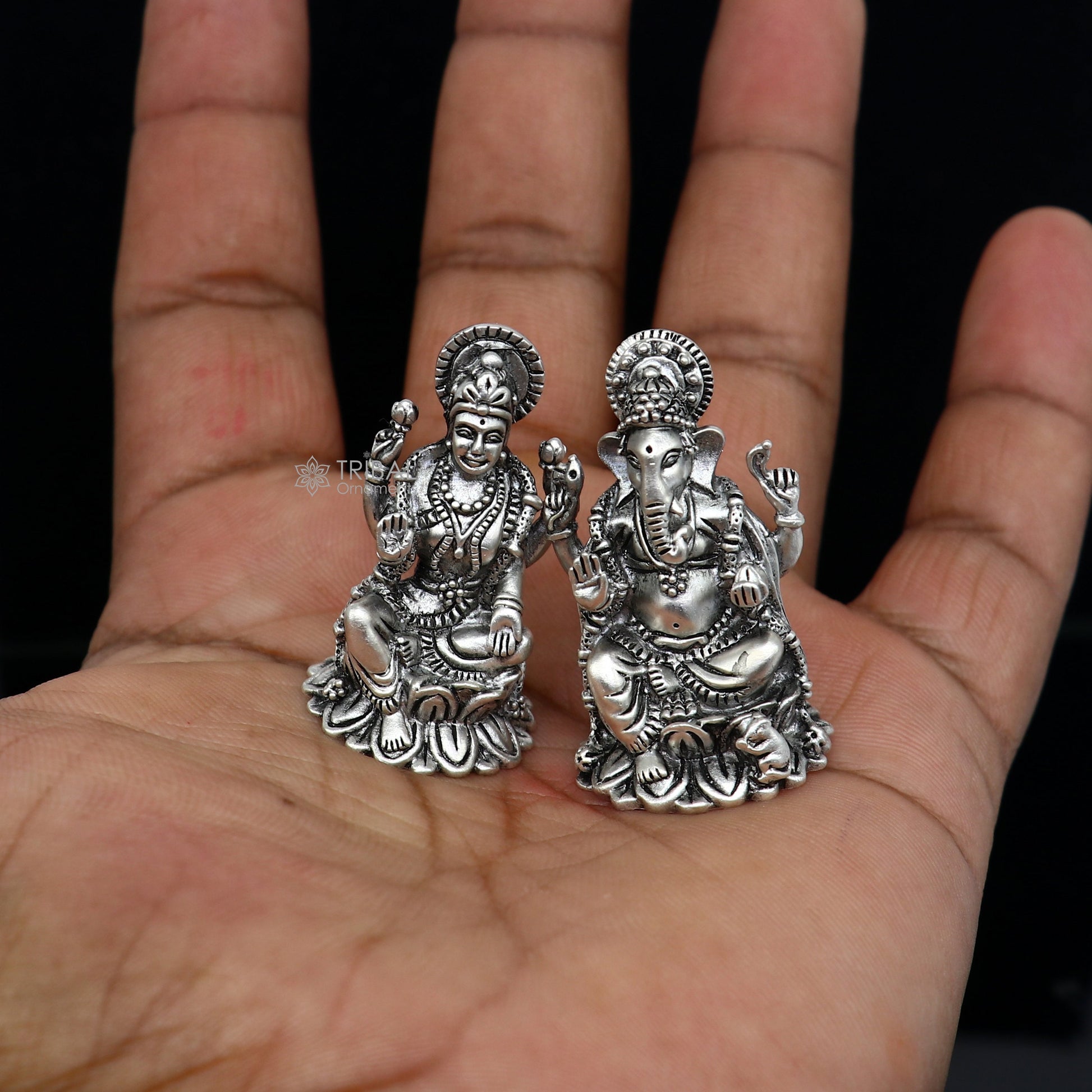 1.5" 925 Sterling silver Lakshmi and Ganesha statue, puja article figurine, Diwali puja brings joy, hope, and wealth to the owners art720 - TRIBAL ORNAMENTS