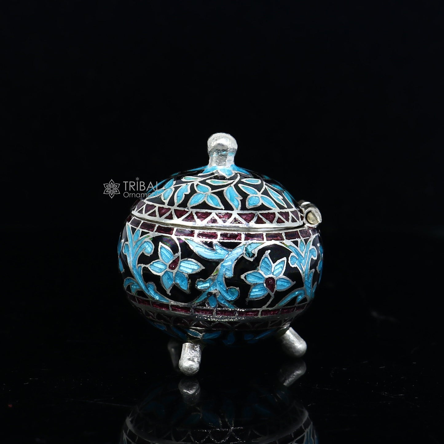 925 Sterling silver handmade fabulous trinket box, Silver container box, casket box, sindoor box, enamel work customized gifting box stb834 - TRIBAL ORNAMENTS