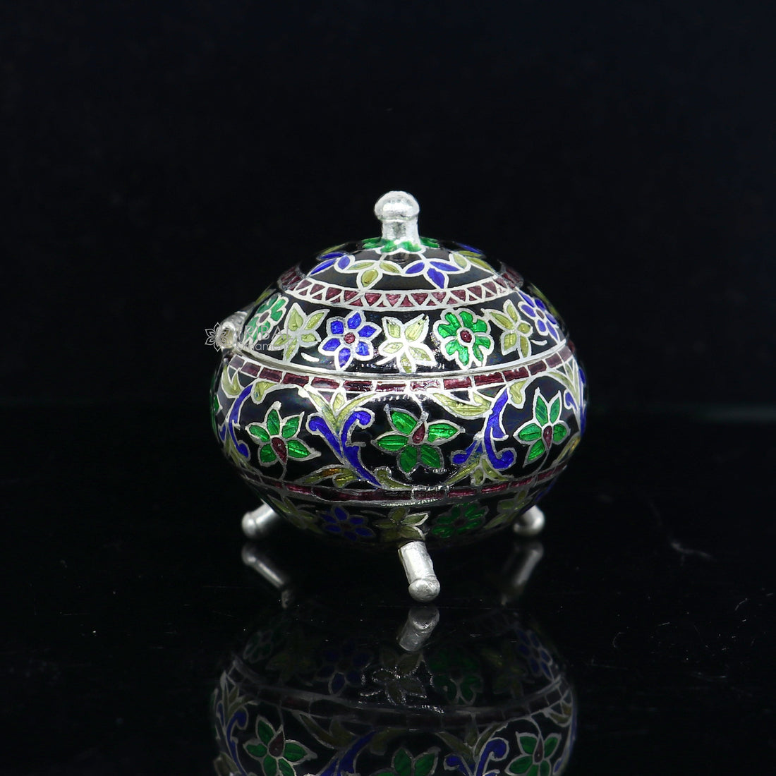 925 Sterling silver handmade fabulous trinket box, Silver container box, casket box, sindoor box, enamel work customized gifting box stb835 - TRIBAL ORNAMENTS