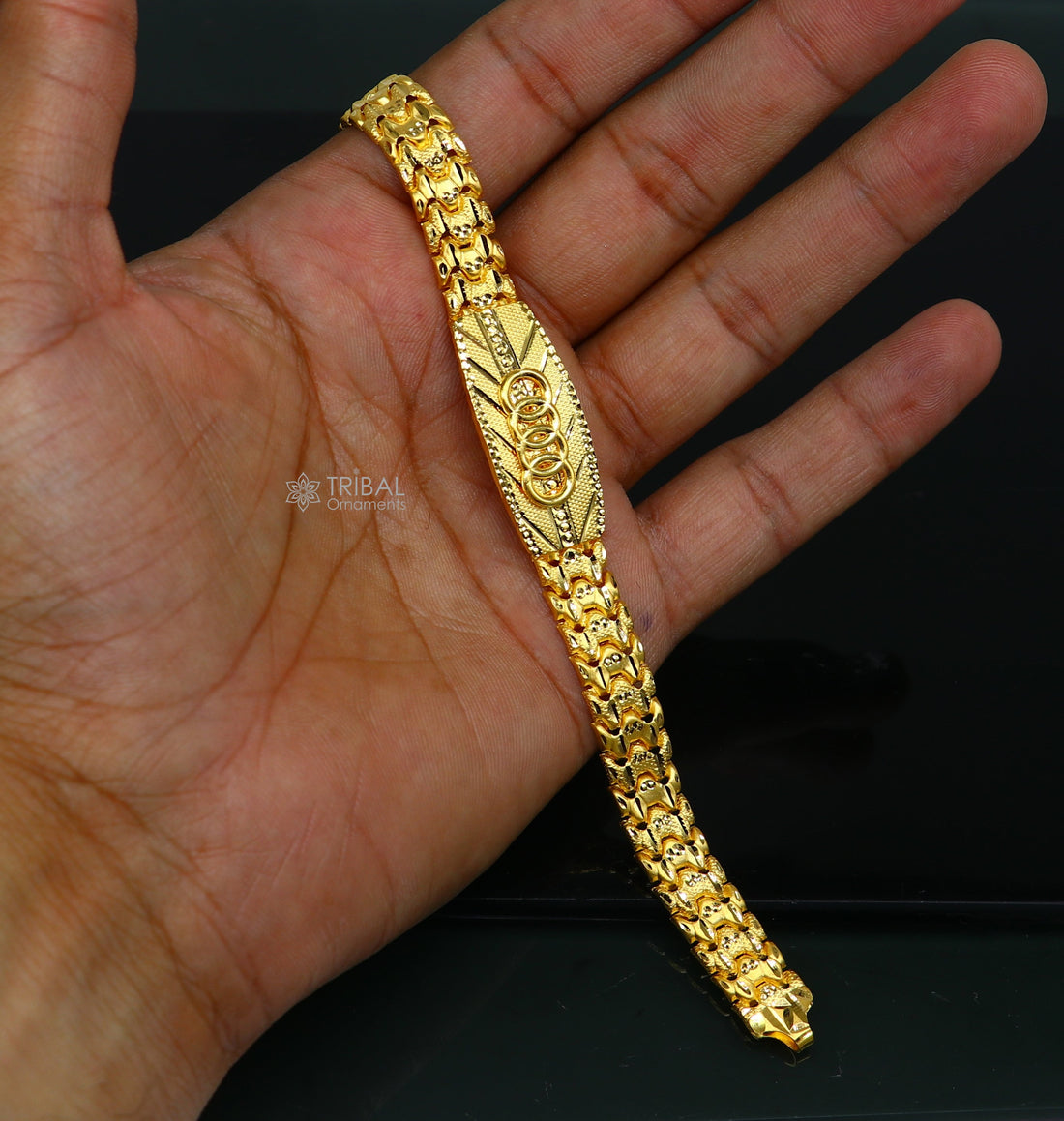 22kt yellow gold handmade unique chain AUDI bracelet unisex 91.6% gold purity stylish fancy bracelet jewelry best men's gifting gbr79 - TRIBAL ORNAMENTS