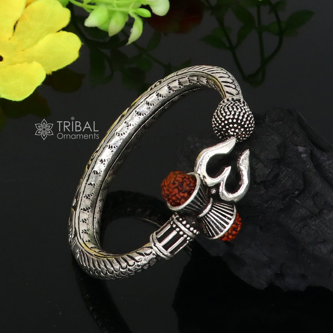 925 Sterling silver handmade chitai work Lord Shiva trident trishul kada bangle bracelet with natural Rudraksha customized kada nsk760 - TRIBAL ORNAMENTS