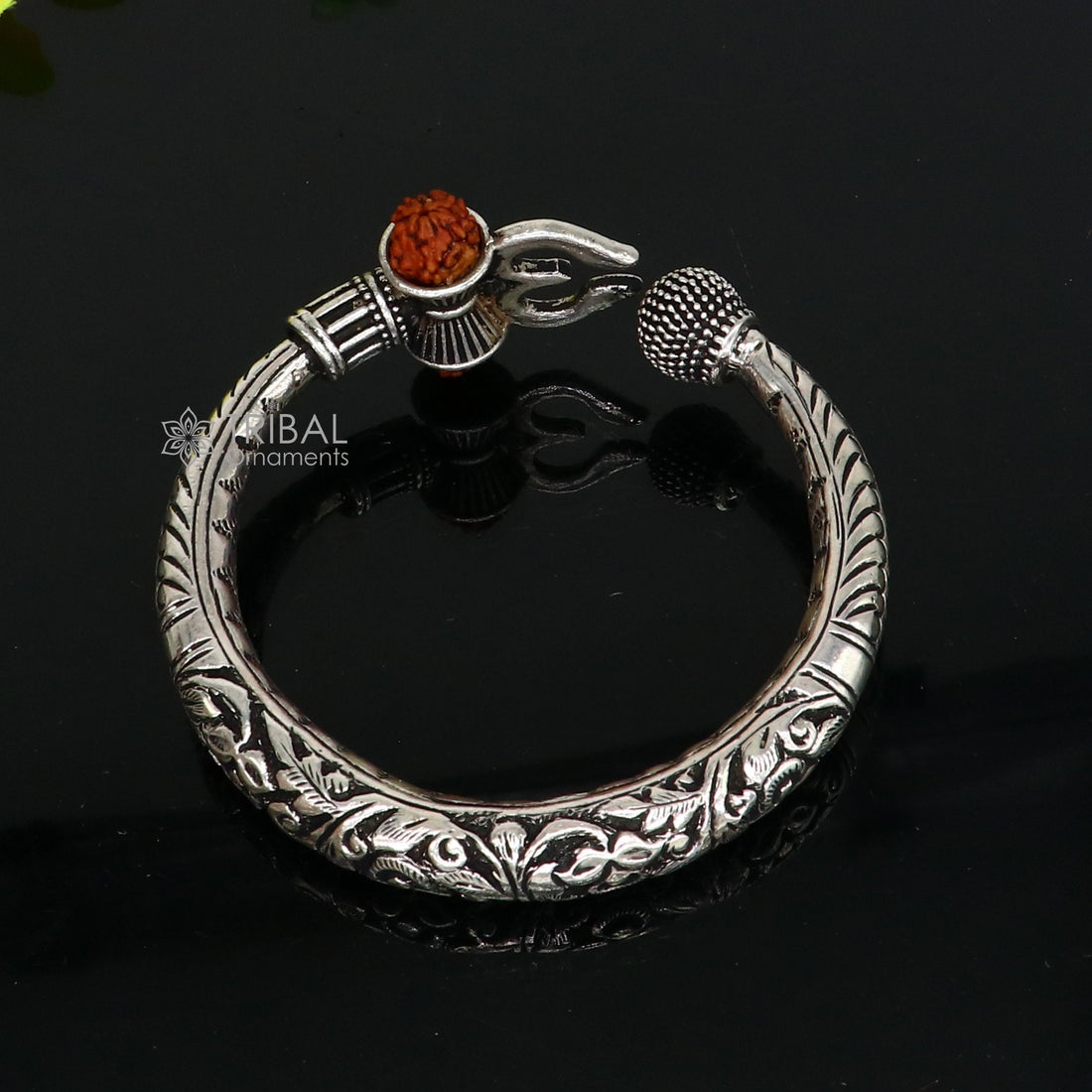 925 Sterling silver handmade chitai work Lord Shiva trident trishul kada bangle bracelet with natural Rudraksha customized kada nsk760 - TRIBAL ORNAMENTS