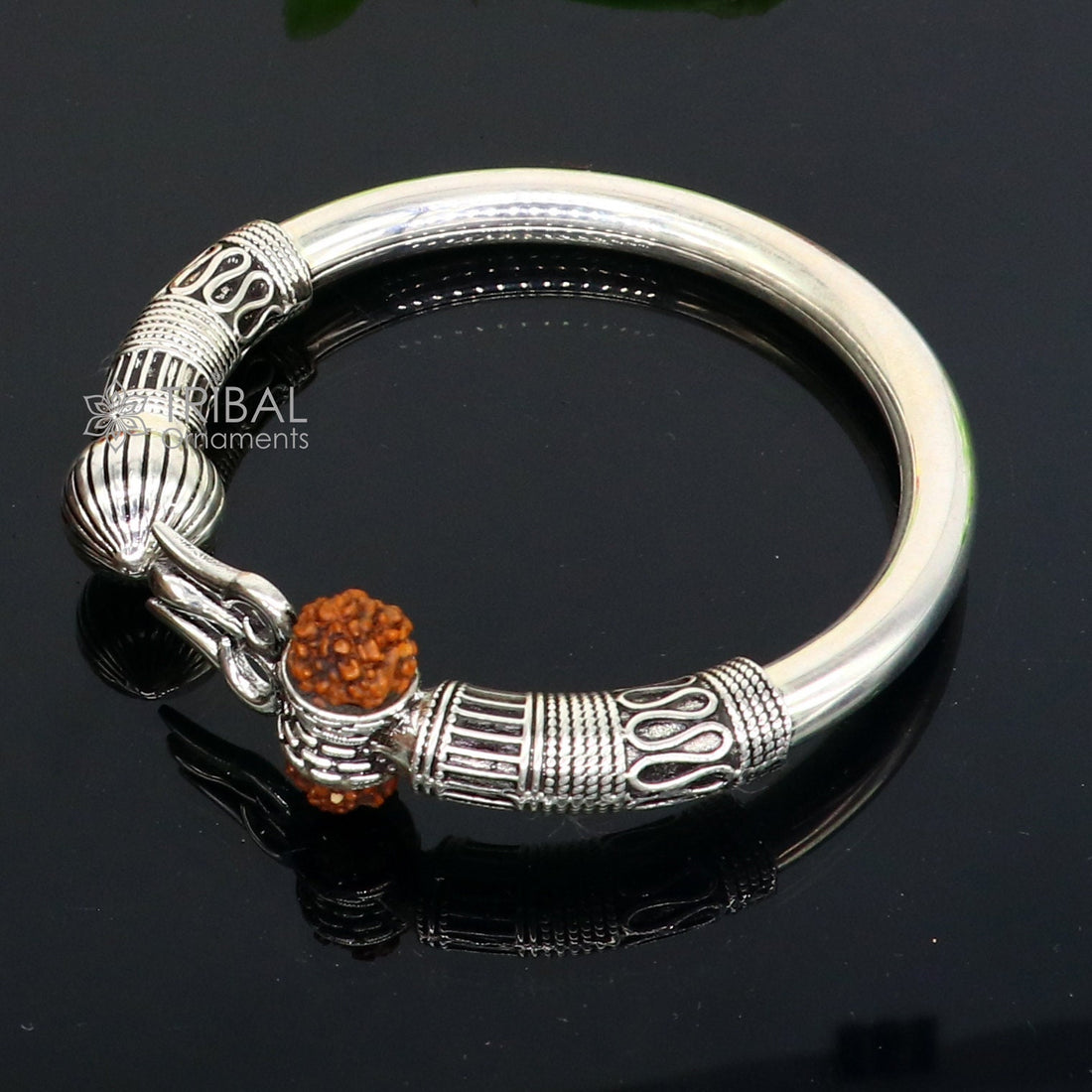 925 Sterling silver handmade plain shiny Lord Shiva trident Trishul Kada bangle bracelet with natural Rudraksha customized kada nsk764 - TRIBAL ORNAMENTS