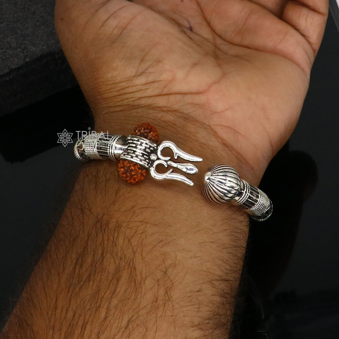 925 Sterling silver handmade plain shiny Lord Shiva trident Trishul Kada bangle bracelet with natural Rudraksha customized kada nsk764 - TRIBAL ORNAMENTS