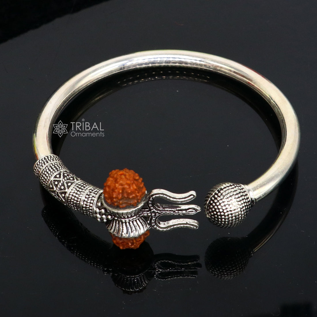 925 Sterling silver handmade plain shiny Lord Shiva trident Trishul Kada bangle bracelet with natural Rudraksha customized kada nsk765 - TRIBAL ORNAMENTS