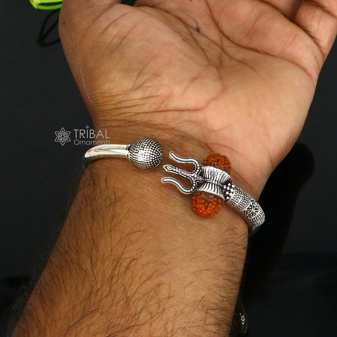 925 Sterling silver handmade plain shiny Lord Shiva trident Trishul Kada bangle bracelet with natural Rudraksha customized kada nsk765 - TRIBAL ORNAMENTS