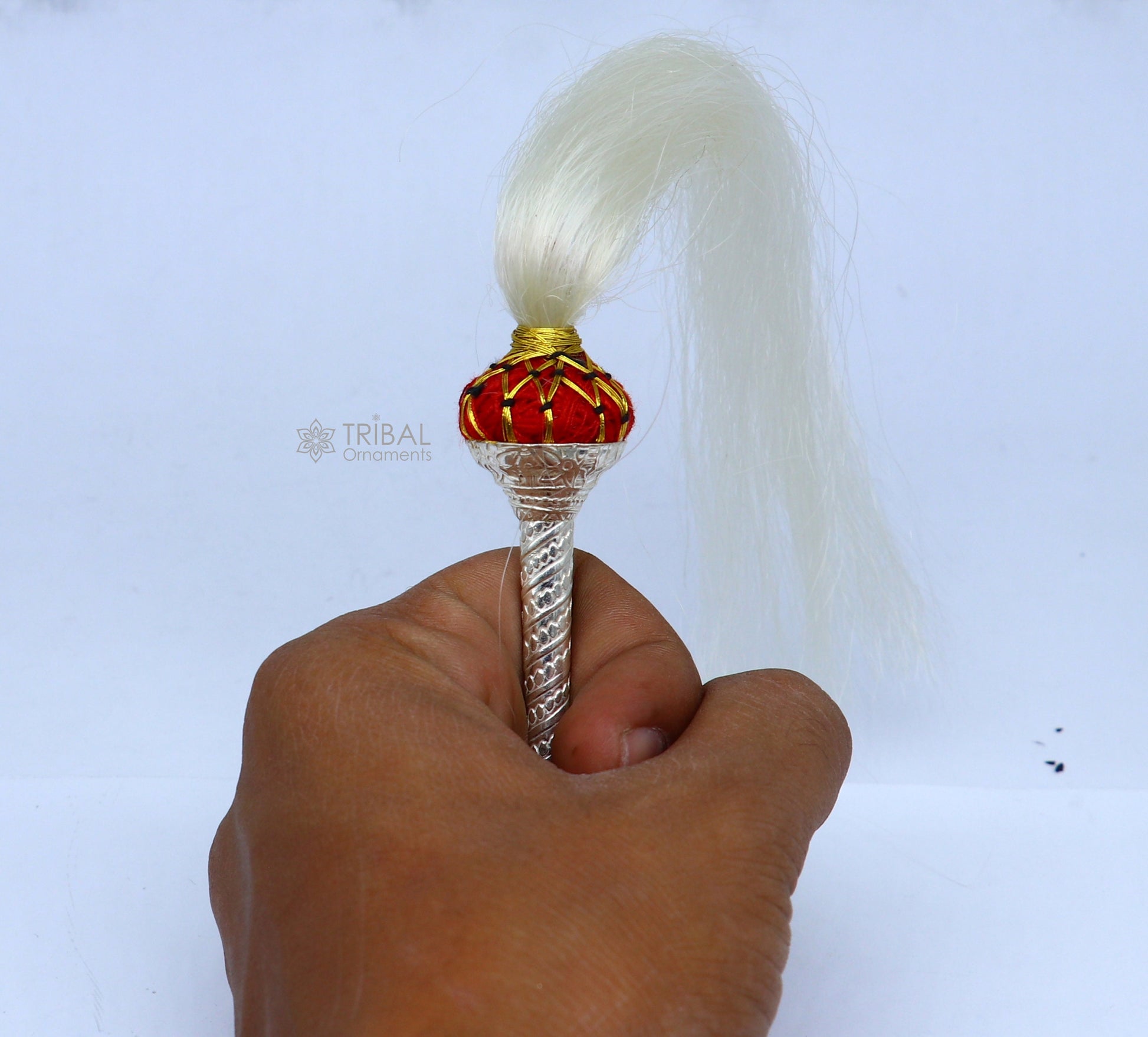 925 sterling silver Vintage style handmade puja chanwar chaur original yalk cow hair, worshipping fan for idols, home temple article su1185 - TRIBAL ORNAMENTS